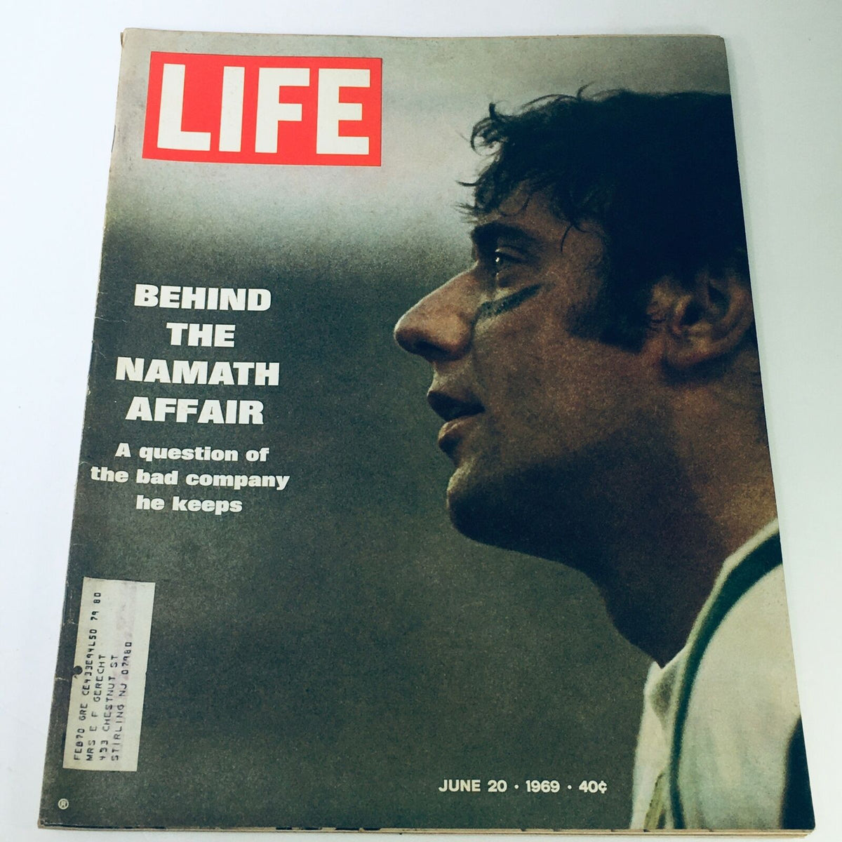 VTG Life Magazine June 20, 1969 featuring the headline 'Behind The Namath Affair' with an insightful article on the infamous Joe Namath. The cover showcases a close-up profile of a man, possibly giving a glimpse into the charismatic persona of a classic sports figure, accompanied by the sub-header discussing 'the bad company he keeps'.