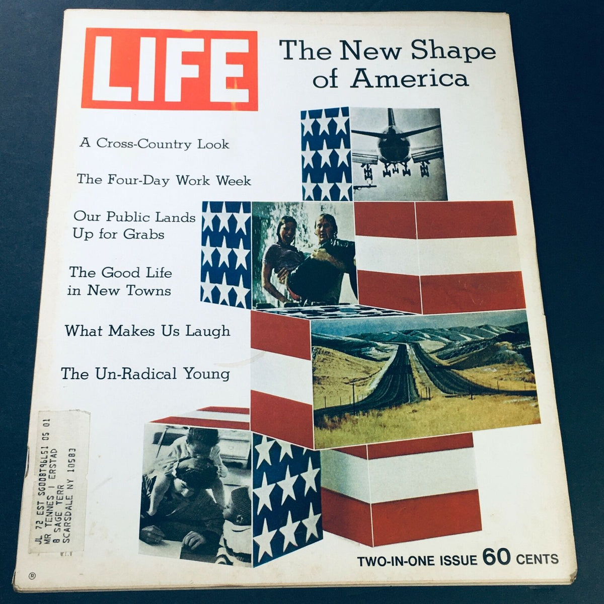 Vintage Life Magazine cover from January 8, 1971, titled 'The New Shape of America / Un-Radical Young', featuring images with the American flag and articles highlighting cultural themes.