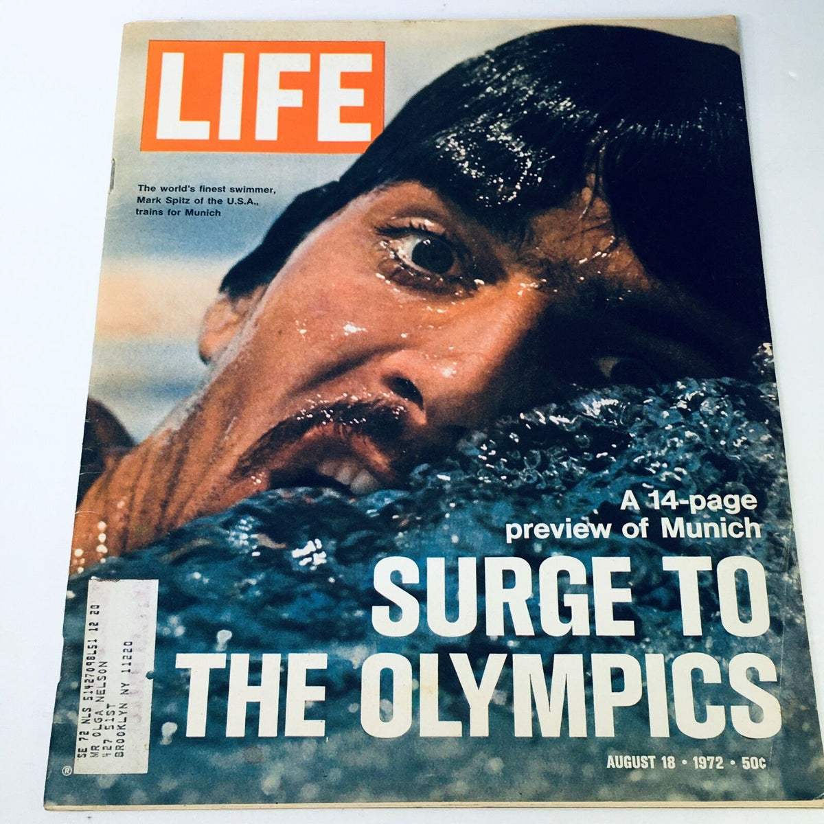 VTG Life Magazine August 18, 1972 featuring the world's finest swimmer Mark Spitz of the U.S.A. The cover shows a close-up of Spitz in the water, capturing his determined expression and splashes, highlighting his Olympic achievements and the excitement surrounding the 1972 Munich Olympics.