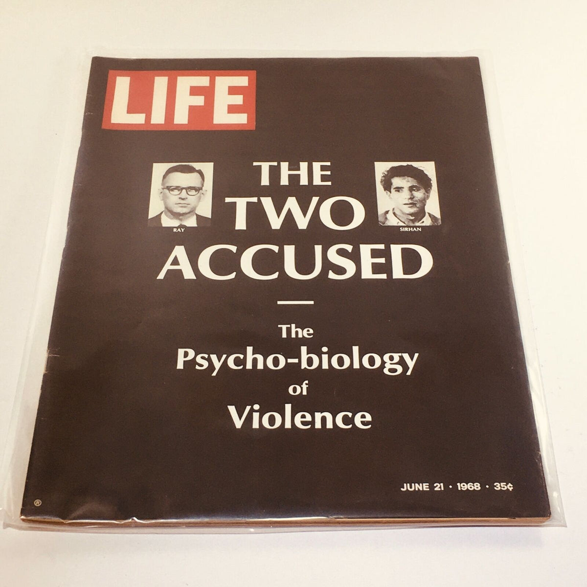 Cover of VTG Life Magazine dated June 21, 1968, featuring the title 'The Two Accused' and the subtitle 'The Psycho-Biology of Violence' with images of the two accused individuals. This vintage magazine provides historical insights into social issues of the 1960s.