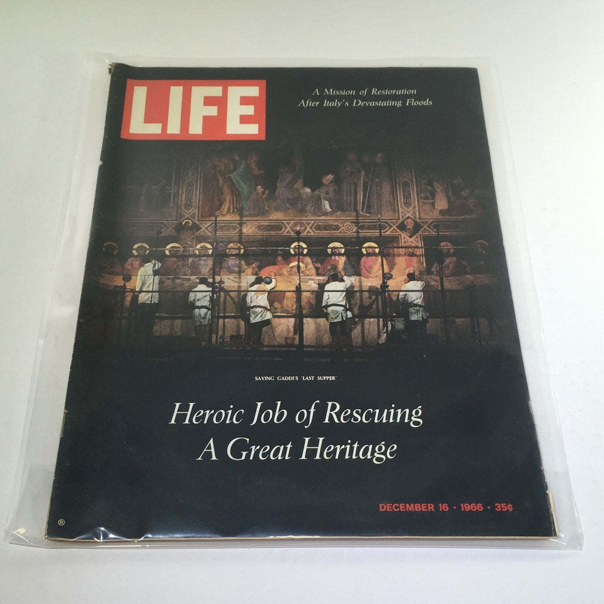 VTG Life Magazine from December 16, 1966, featuring the cover titled 'A Heroic Job of Rescuing A Great Heritage', showcasing a restoration effort after Italy's devastating floods.