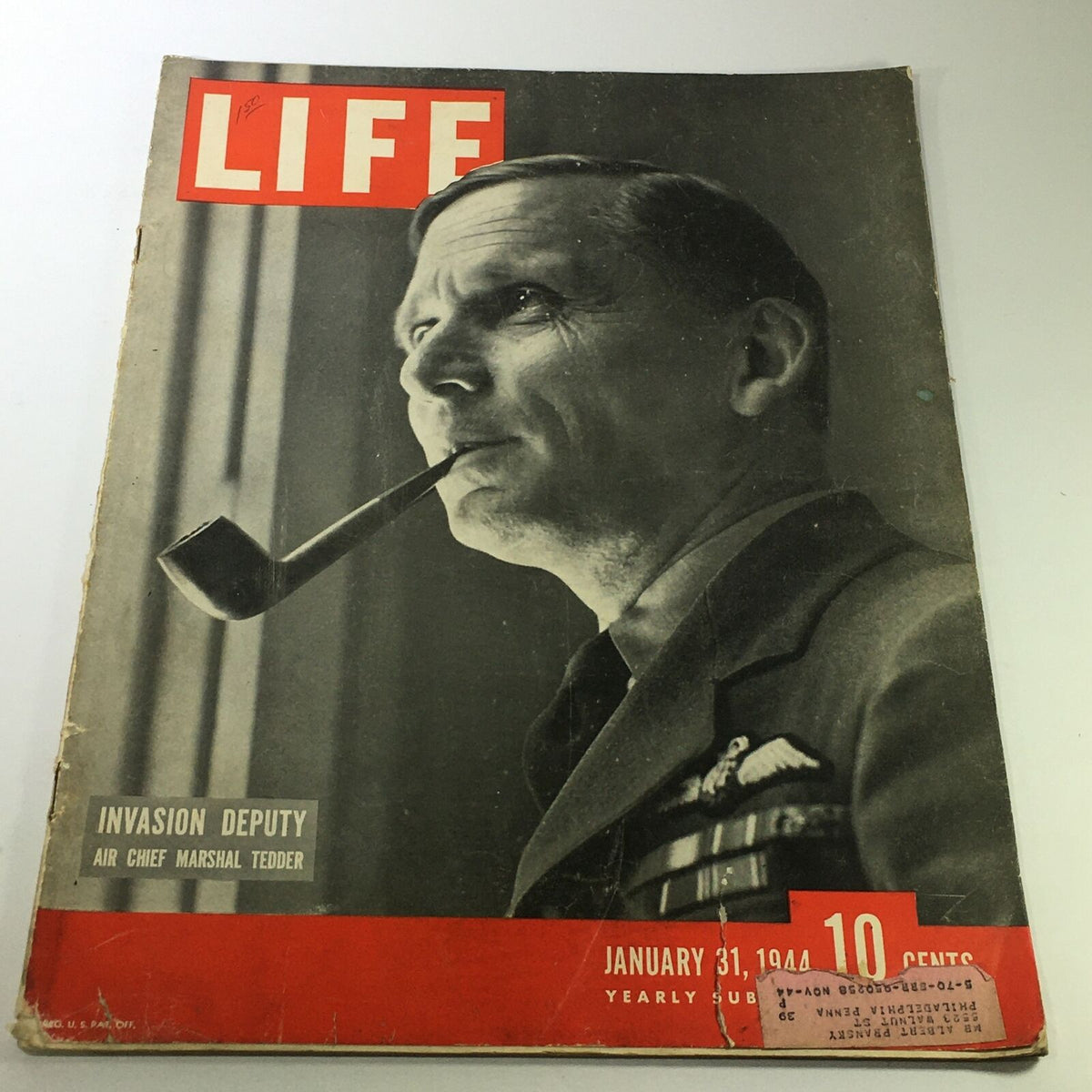 Cover of VTG Life Magazine January 31 1944 featuring Air Chief Marshal Tedder, showcasing a portrait of him with a pipe, emphasizing World War II historical significance.