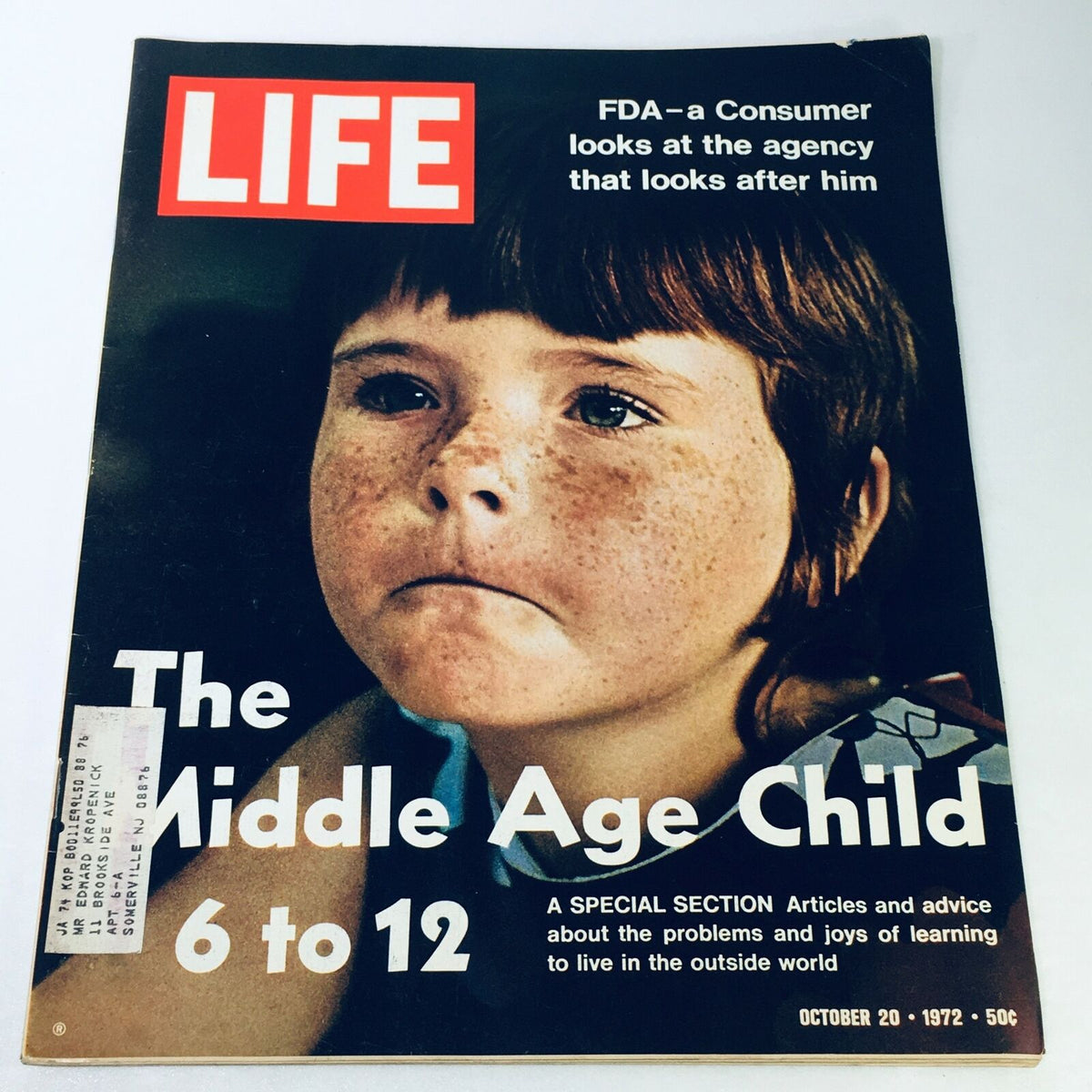 Cover of VTG Life Magazine from October 20, 1972, featuring the title 'The Middle Age Child 6 to 12'. The cover illustrates a young child with freckles, expressing a thoughtful demeanor, highlighting articles about childhood development.
