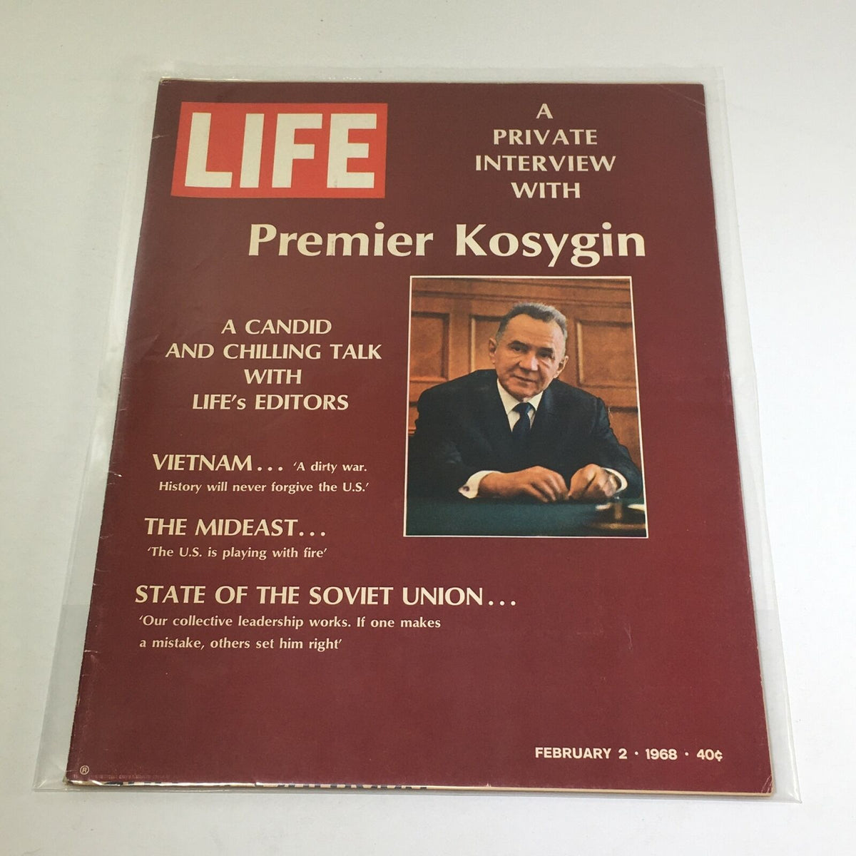 Cover of VTG Life Magazine from February 2, 1968, featuring a private interview with Premier Kosygin. The cover includes a candid photo of Kosygin and headlines discussing Vietnam, the Mideast, and the Soviet Union.