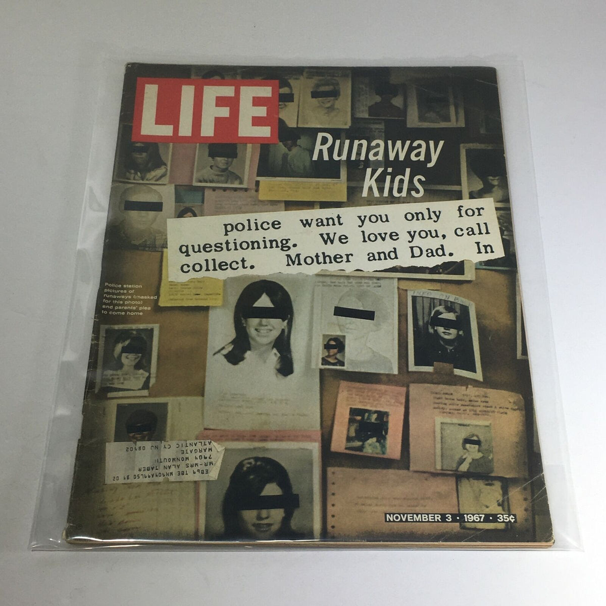 Vintage Life Magazine cover from November 3, 1967, featuring the title 'Runaway Kids' with a collage of missing children's photographs and a public plea from parents, highlighting societal concerns of the era.