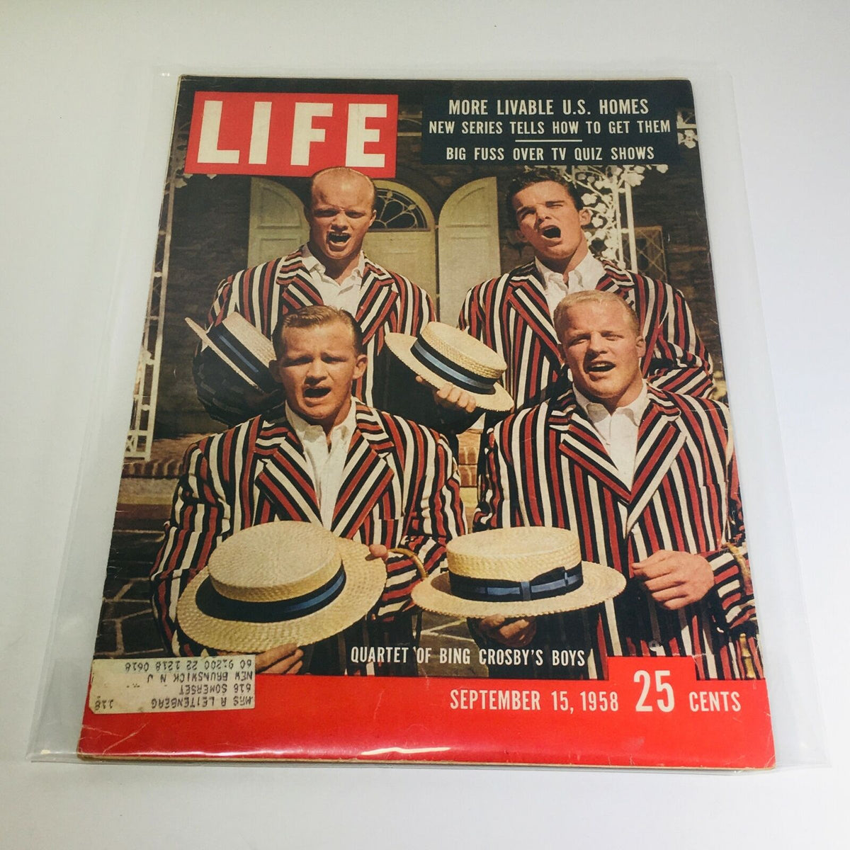 Cover of VTG Life Magazine from September 15, 1958, featuring Bing Crosby's Boys quartet in striped jackets and straw hats, highlighting livable U.S. homes and television quiz shows.