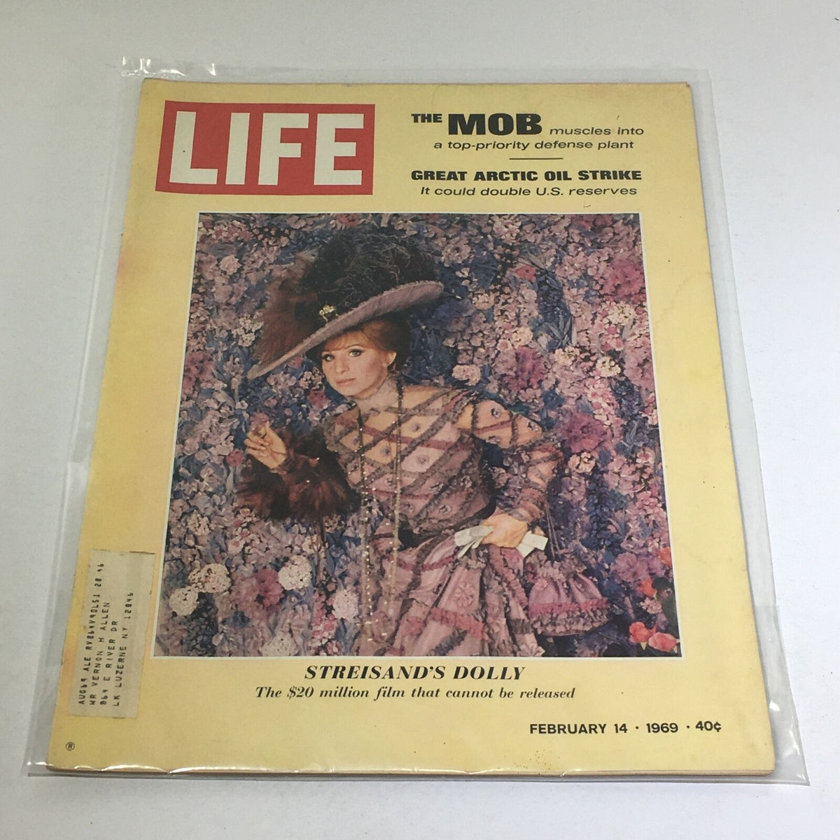 Cover of VTG Life Magazine dated February 14, 1969, featuring Barbra Streisand in 'Dolly' surrounded by a floral backdrop, along with headlines about the Great Arctic Oil Strike.