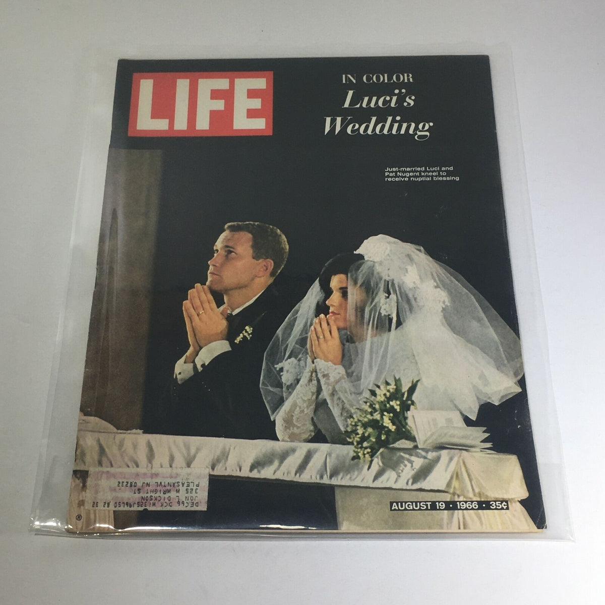 VTG Life Magazine Cover: August 19, 1966, featuring Luci and Pat Nugent's wedding, showcasing the bride and groom in formal attire with their hands clasped in prayer.