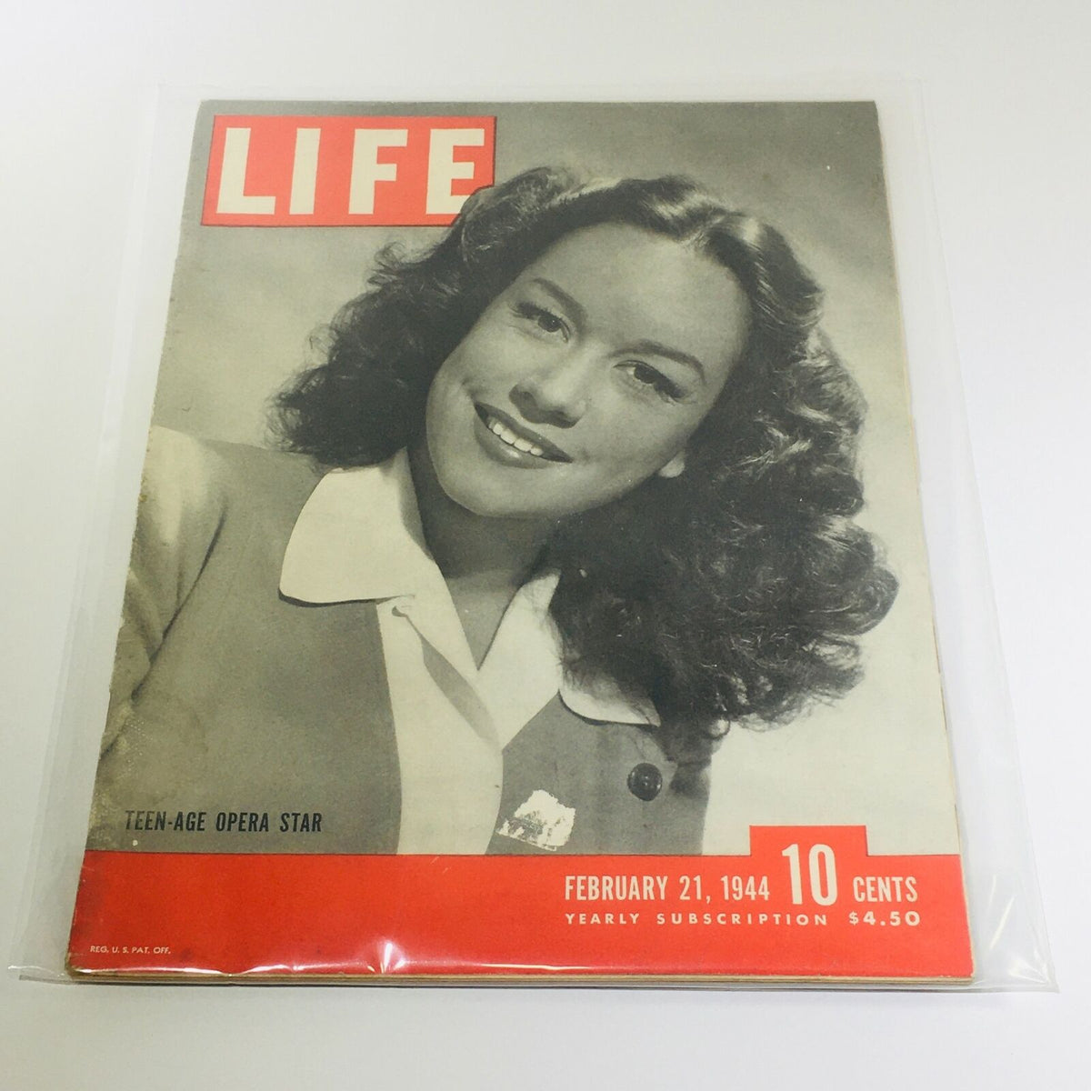 Cover of the February 21, 1944 issue of Life Magazine featuring a teen-age opera star, showcasing vintage design with a bold red title and details about the magazine's content.