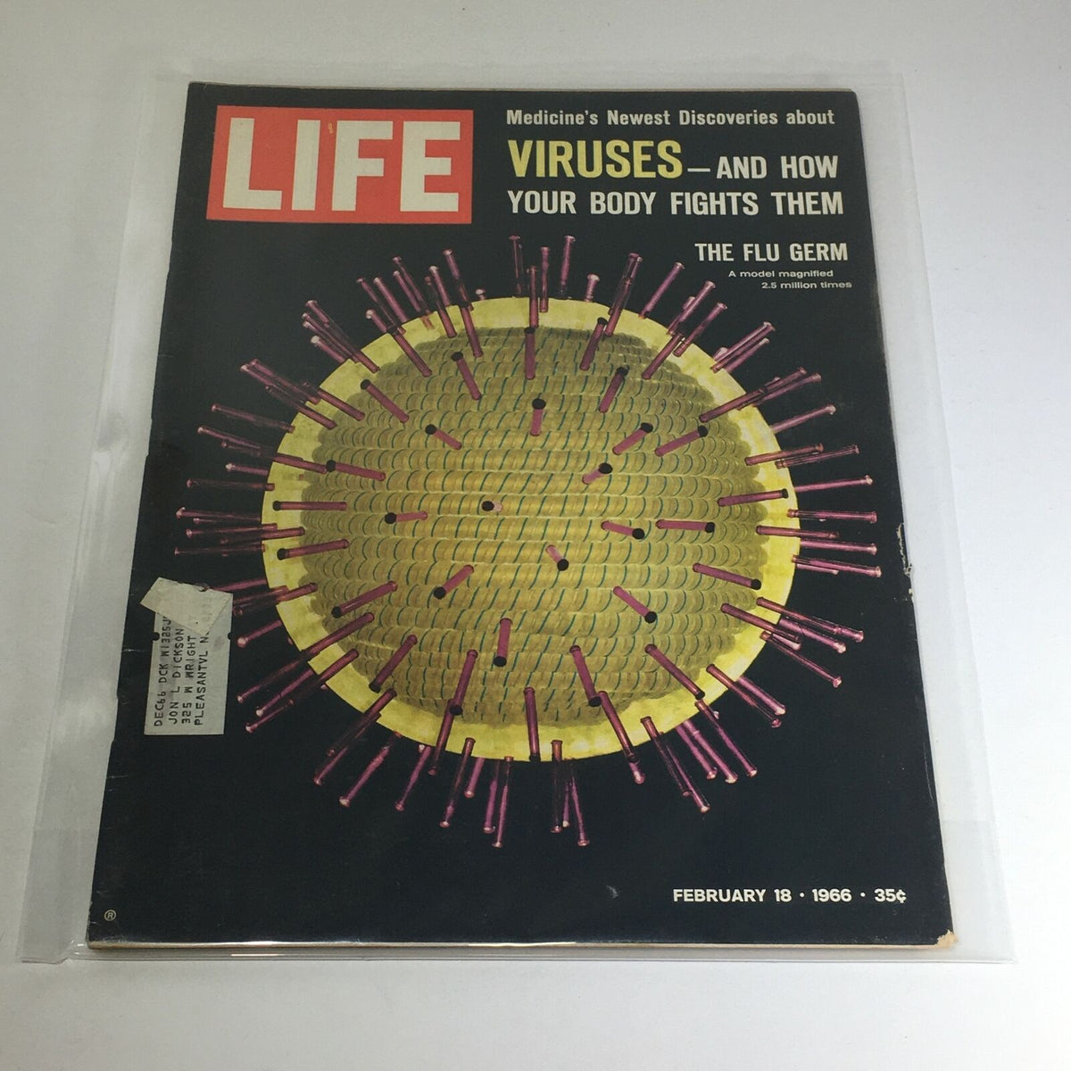 VTG Life Magazine cover from February 18, 1966, featuring a detailed illustration of viruses, specifically focusing on the flu germ and how to fight them.