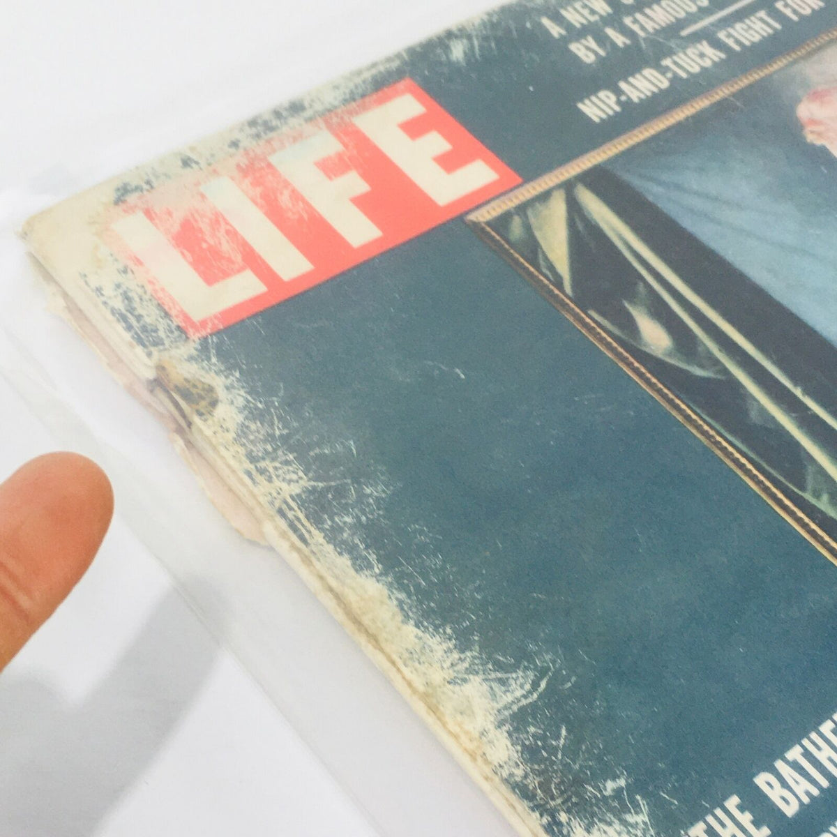 Detailed view of the cover of VTG Life Magazine from October 22, 1956 highlighting 'The Bather' by Jean Auguste and Dominique Ingres with visible signs of wear.
