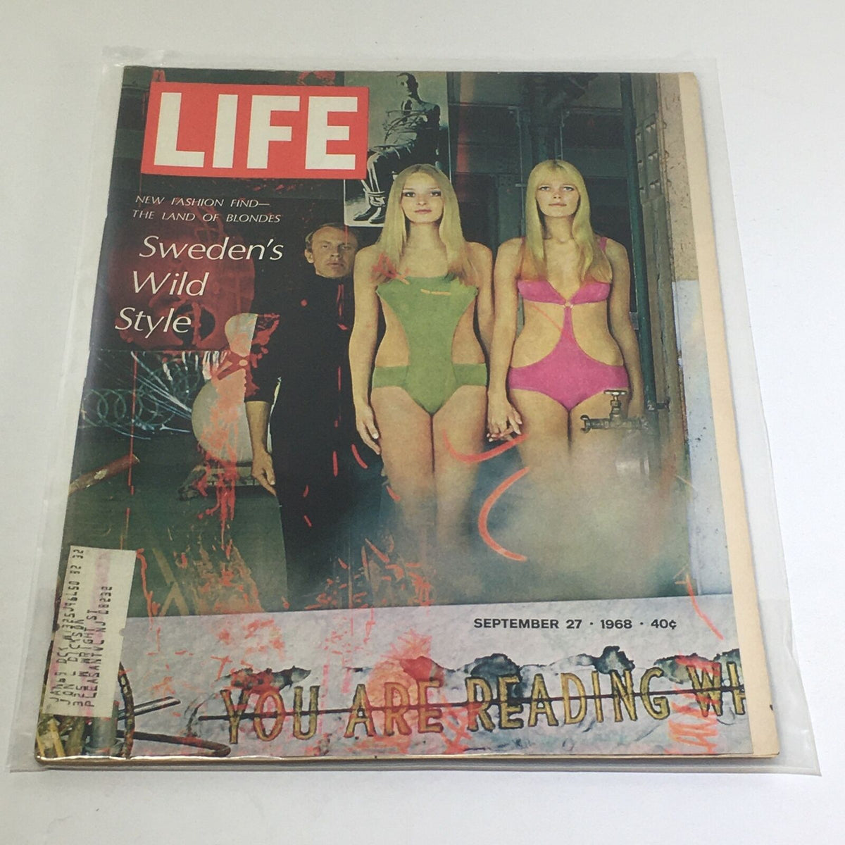 VTG Life Magazine Cover from September 27, 1968 featuring 'Sweden's Wild Style - The Land of Blondes' showcasing two women in colorful swimwear, highlighting 1960s fashion trends.