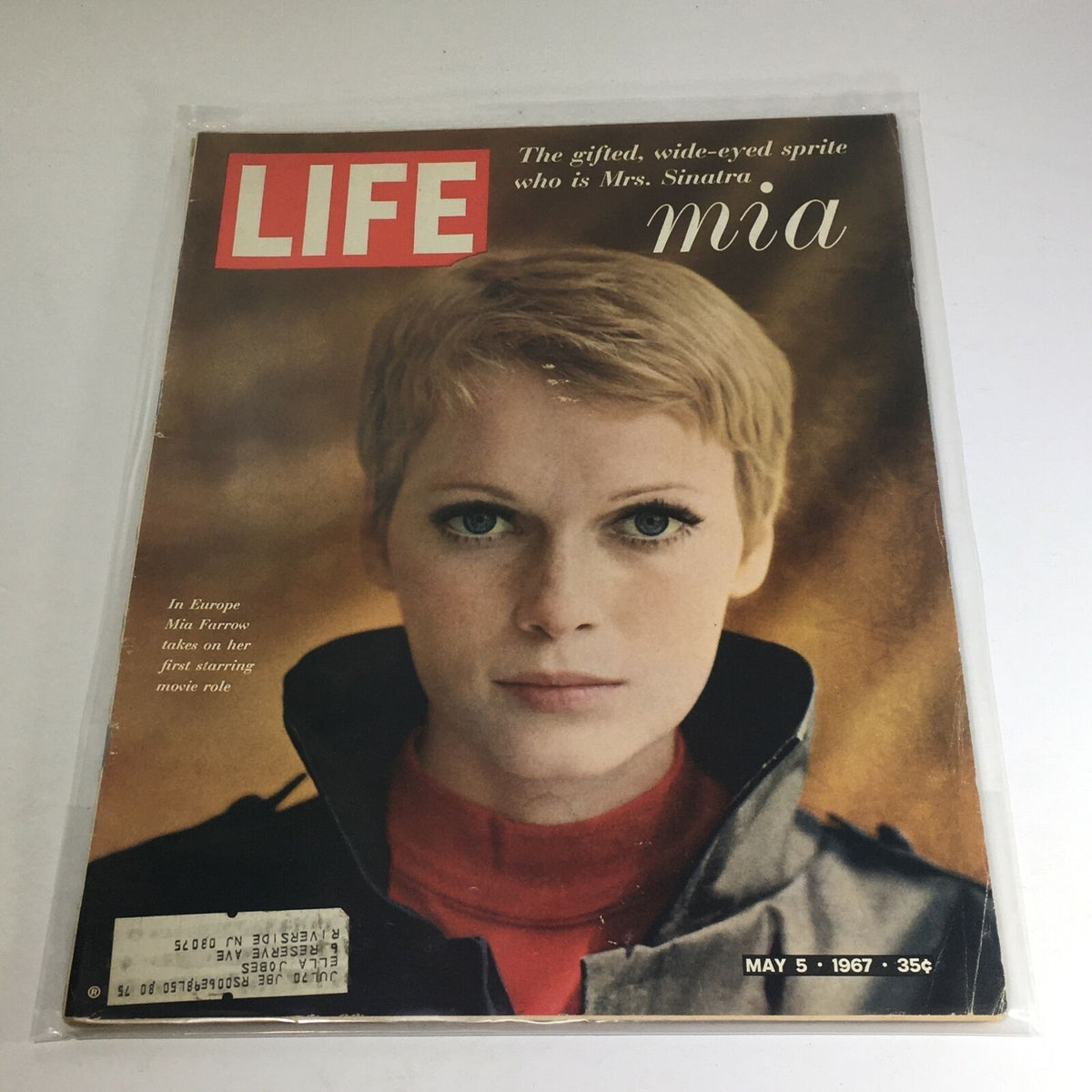 Vintage Life Magazine cover from May 5, 1967 featuring Mia Sinatra, described as 'The gifted, wide-eyed sprite who is Mrs. Sinatra'. This issue includes a striking portrait of Mia with short blonde hair, reflecting 1960s fashion and culture.