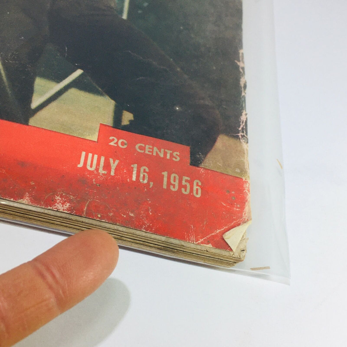 Close-up view of the July 16, 1956 date and price on the cover of the VTG Life Magazine, highlighting its vintage charm.