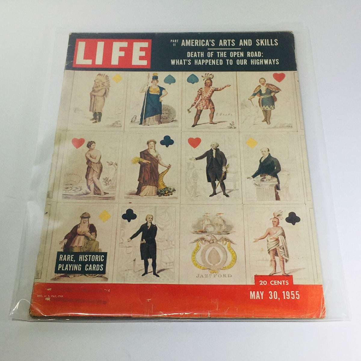 Vintage Life Magazine cover from May 30, 1955, featuring America's Arts and Skills with illustrations of historic playing cards, a must-have collectible for history and art enthusiasts.