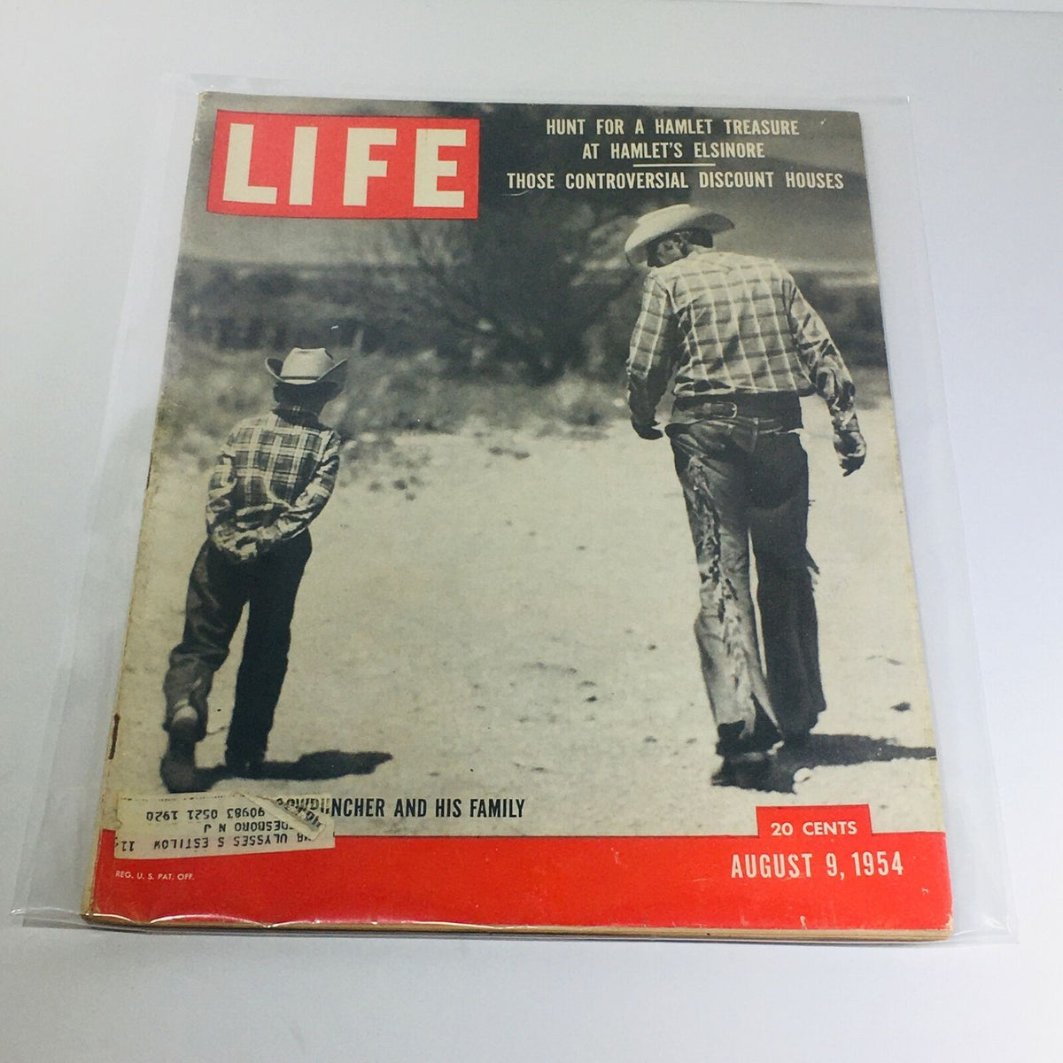 Cover of VTG Life Magazine from August 9, 1954 featuring a boy and a cowpuncher walking together, showcasing the story 'A Boy and his Cowpuncher Family' and 'Hamlet Treasure'.