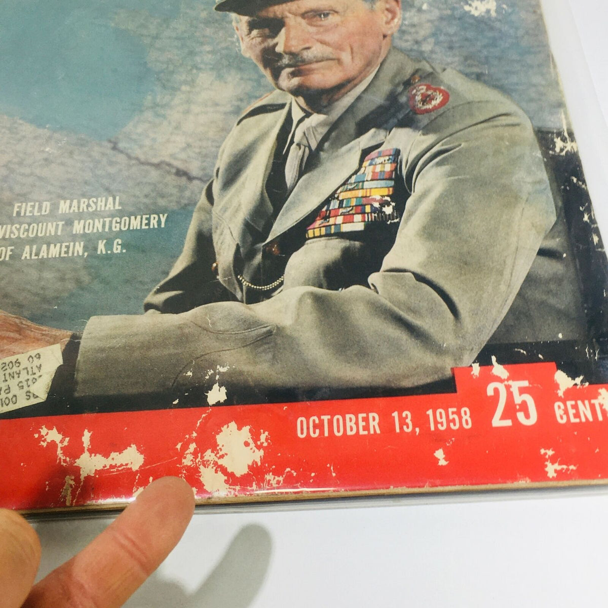 Close-up of VTG Life Magazine: Oct 13 1958 cover showing publication date and details, featuring Field Marshal The Viscount Montgomery.