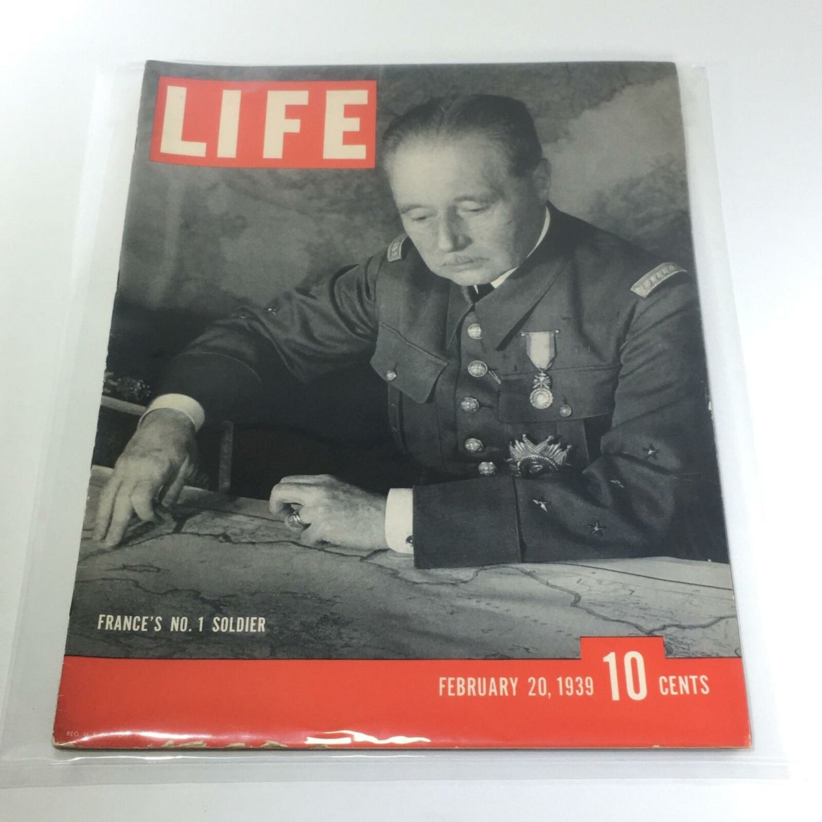 Cover of Vintage Life Magazine from February 20, 1939, featuring the headline 'France's No. 1 Soldier' with a black and white image of a soldier studying a map.