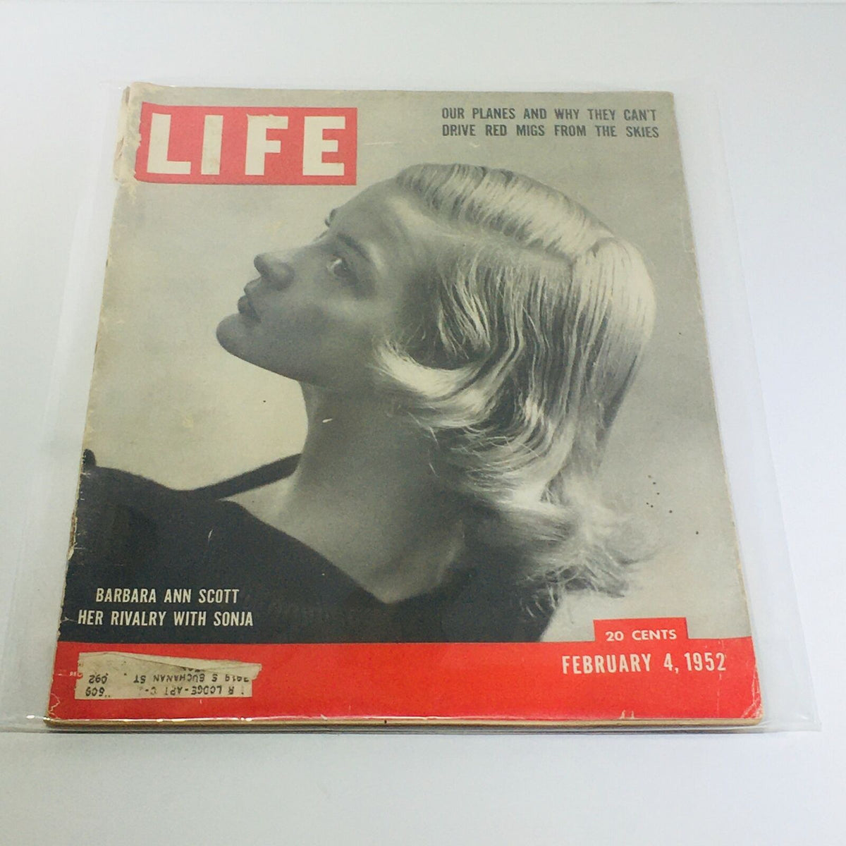 Vintage Life Magazine cover from February 4, 1952 featuring Barbara Ann Scott, showcasing classic 1950s design and a headline on military aircraft.