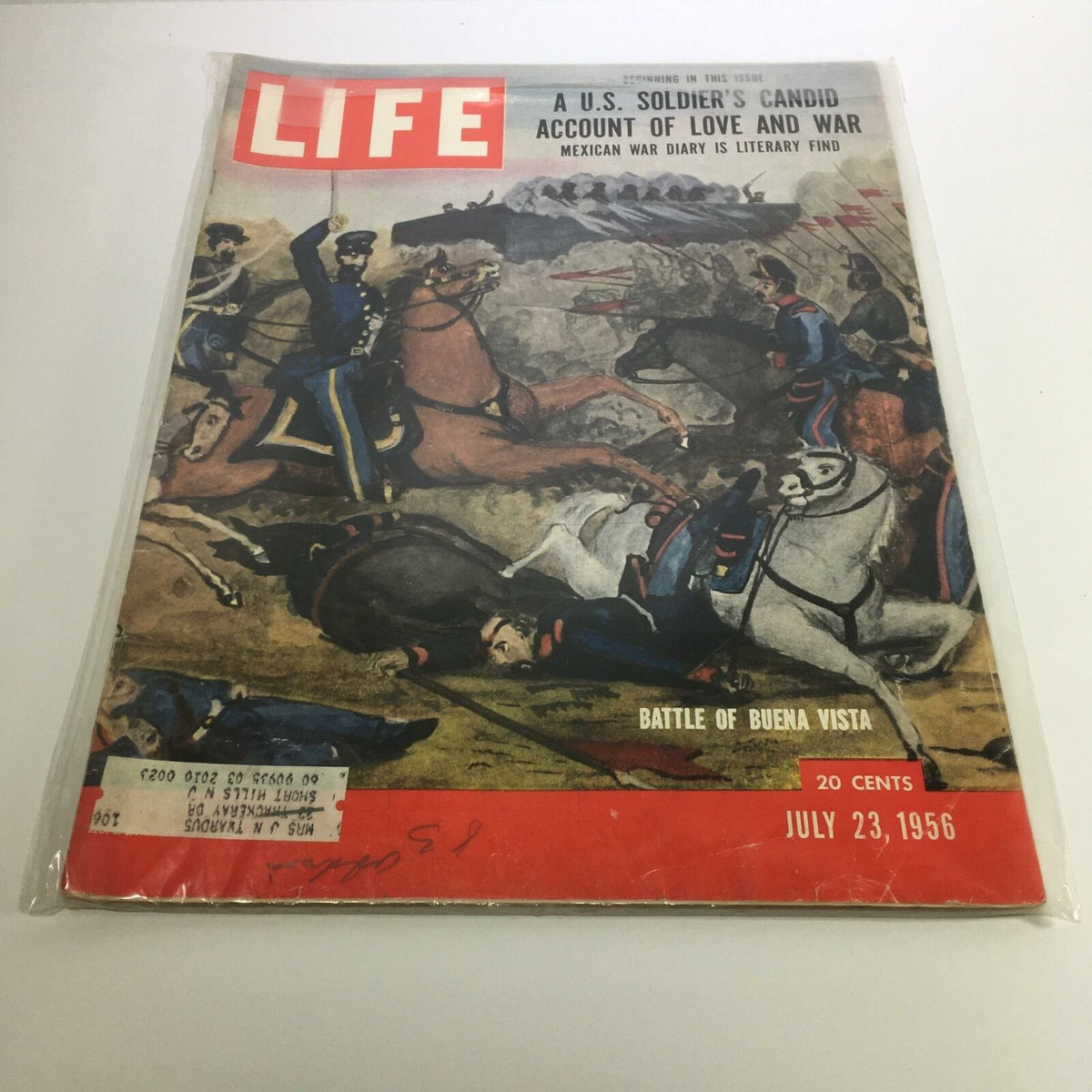 Life Magazine cover from July 23, 1956, featuring 'A U.S. Soldier's Candid Account of Love and War'. The image showcases a dramatic battle scene with soldiers on horseback, highlighting the themes of love and conflict during wartime.