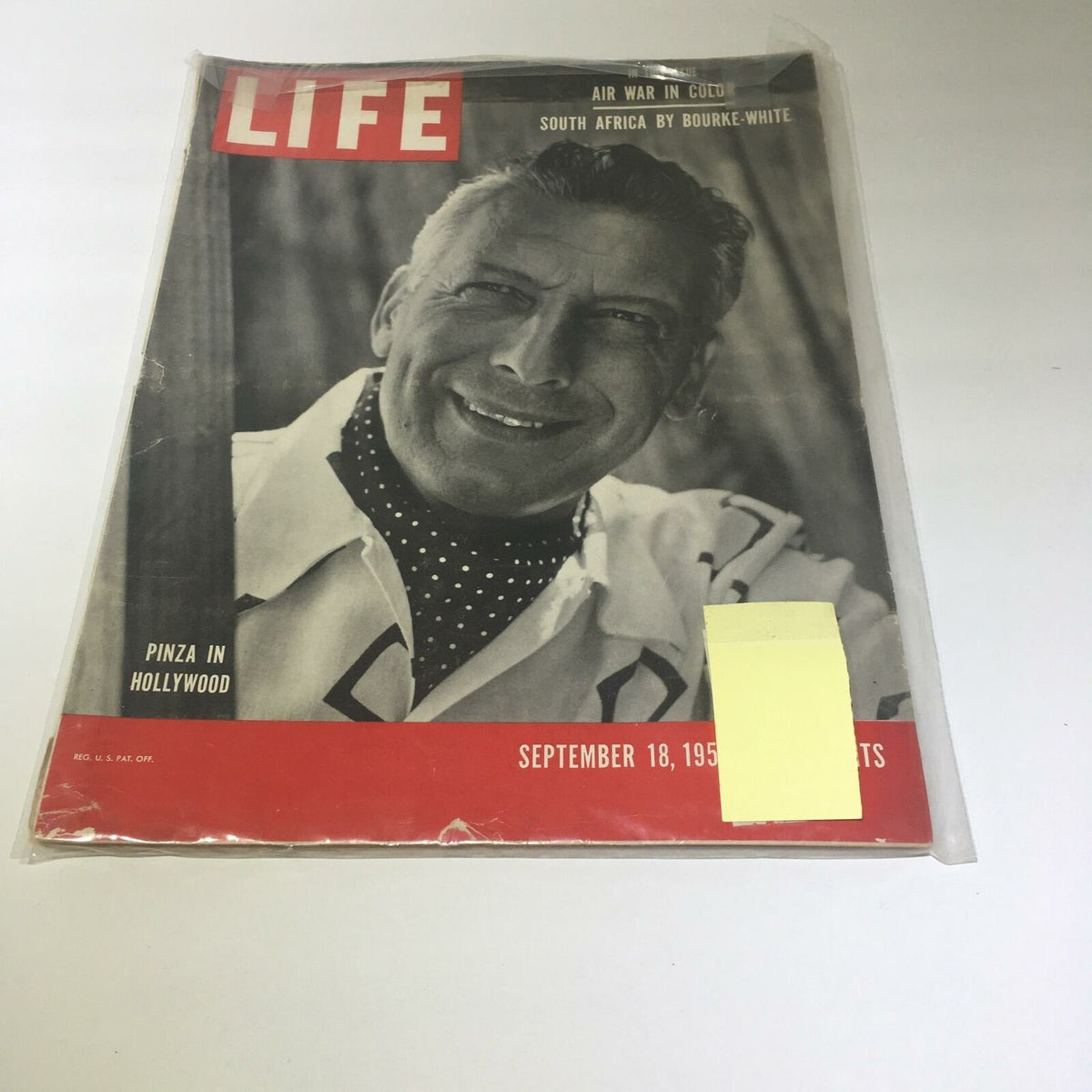 Vintage Life Magazine cover from September 18, 1950 featuring Ezio Pinza in Hollywood and an article on Air War in Color. The magazine showcases classic mid-century design with a bright red and black color scheme.