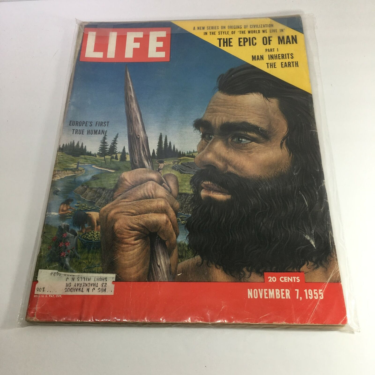Vintage Life Magazine cover from November 7, 1955 featuring the article titled 'Europe's First True Human Inherits the Earth,' depicting a prehistoric man holding a spear against a scenic backdrop.