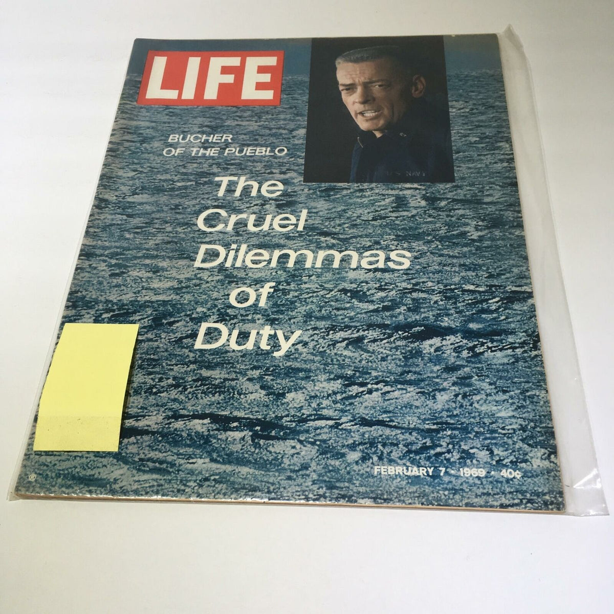 Cover of the VTG Life Magazine February 2 1969, featuring 'Bucher of the Pueblo' and 'The Cruel Dilemmas of Duty', showcasing a historic profile of Lloyd M. Bucher, Captain of the U.S. Navy vessel Pueblo, with an ocean backdrop.