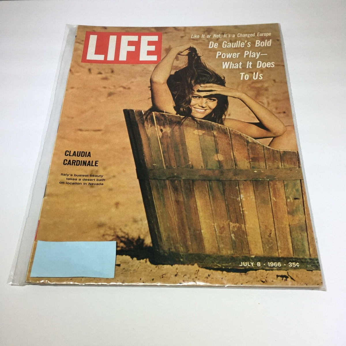 VTG Life Magazine cover from July 8, 1966 featuring Claudia Cardinale, showcasing De Gaulle's Bold Power Play.