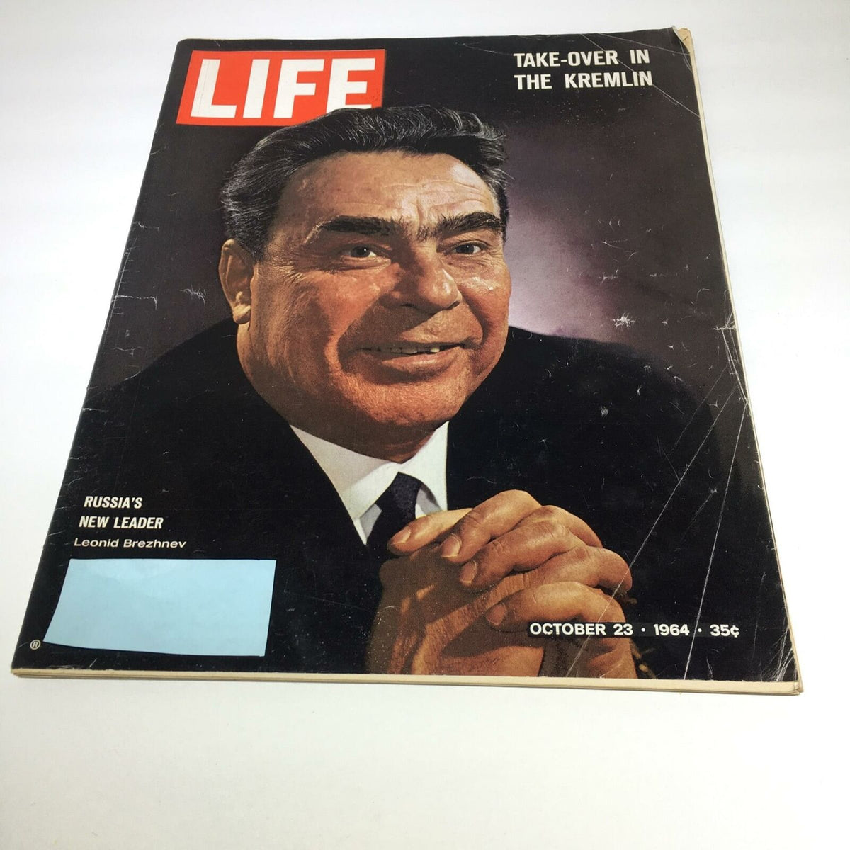 VTG Life Magazine October 23 1964 featuring Leonid Brezhnev, new leader of Russia, on the cover with the headline 'Take-Over in the Kremlin.' This vintage magazine showcases a significant political shift, perfect for collectors and history enthusiasts.
