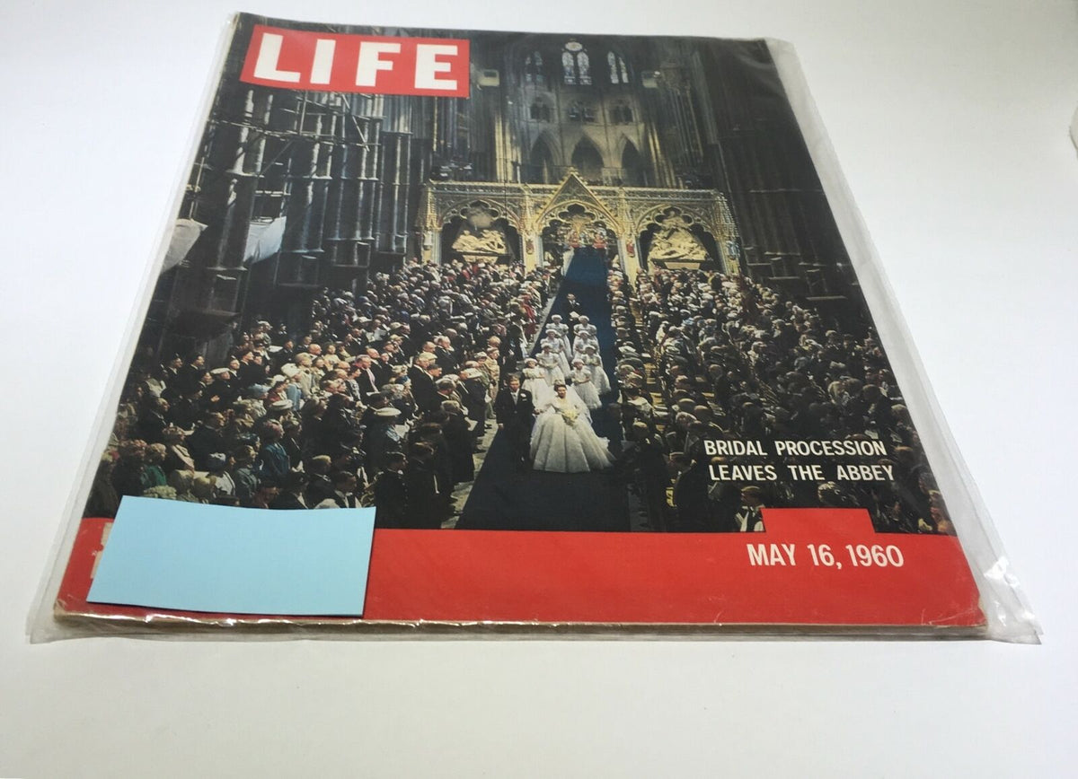 VTG Life Magazine from May 16, 1960, featuring the captivating cover story 'Bridal Procession Leaves The Abbey' with a large crowd in Westminster Abbey, showcasing the elegance of the bridal procession.