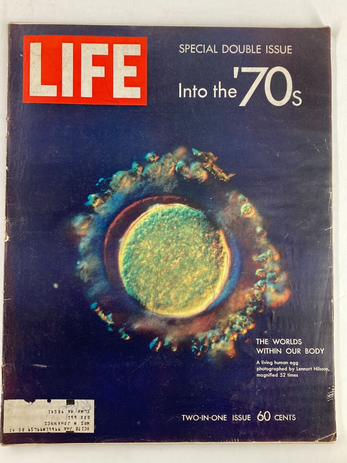 Cover of VTG Life Magazine 1969 titled 'The Worlds Within Our Body Into The '70s', featuring a colorful image of a living human egg, photographed by Lennart Nilsson, highlighted as a special double issue.