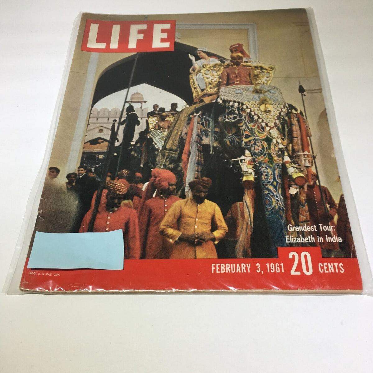 VTG Life Magazine February 3 1961 cover featuring the headline 'Grandest Tour: Elizabeth in India', showcasing a historic moment with Queen Elizabeth II's visit to India, surrounded by traditional attire and a majestic elephant.