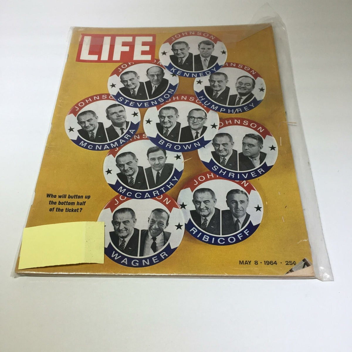 VTG Life Magazine May 8 1964 featuring Presidential Election Buttons with images of Lyndon B. Johnson and his running mates, a collectible snapshot of American political history.