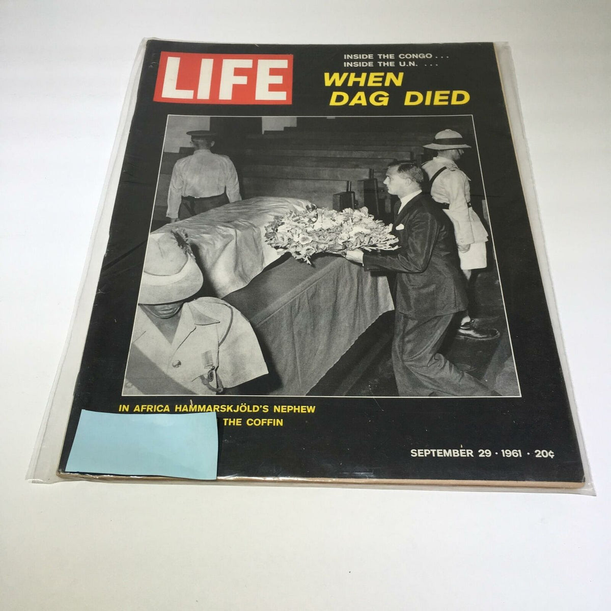 Vintage Life Magazine from September 29, 1961, featuring the title 'When Dag Died' on the cover. The image depicts a solemn scene related to Dag Hammarskjöld's nephew's coffin, showcasing the magazine's historical significance and condition.