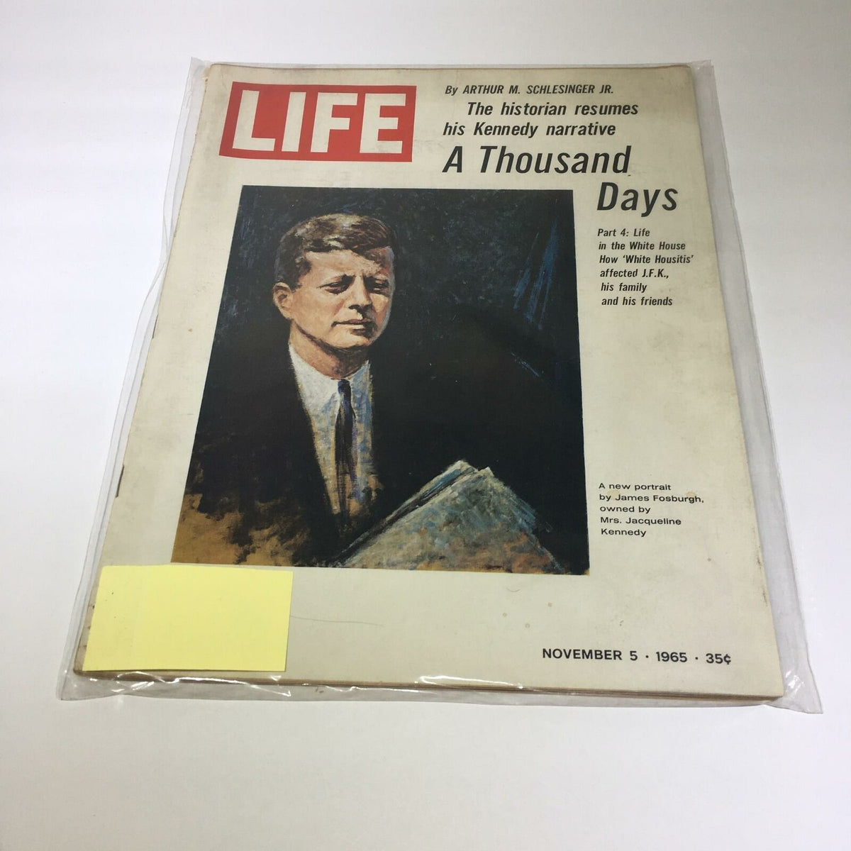 Cover of VTG Life Magazine from November 5, 1965, featuring an illustration of John F. Kennedy as part of the series 'A Thousand Days Part 4.' The magazine highlights JFK's presidency during a crucial time in American history, showcasing the historical narrative and portraits related to his life and leadership.