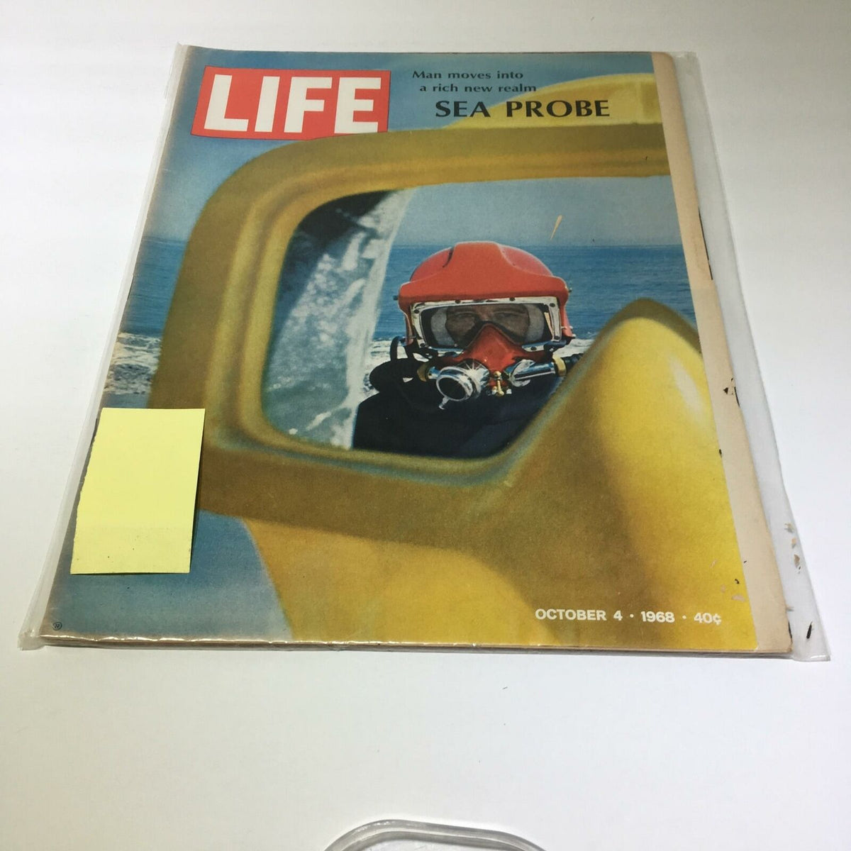 VTG Life Magazine October 4 1968 cover featuring a diver in scuba gear, showcasing the article 'Man Movies Into A Rich New Realm: Sea Probe' and vibrant colors.