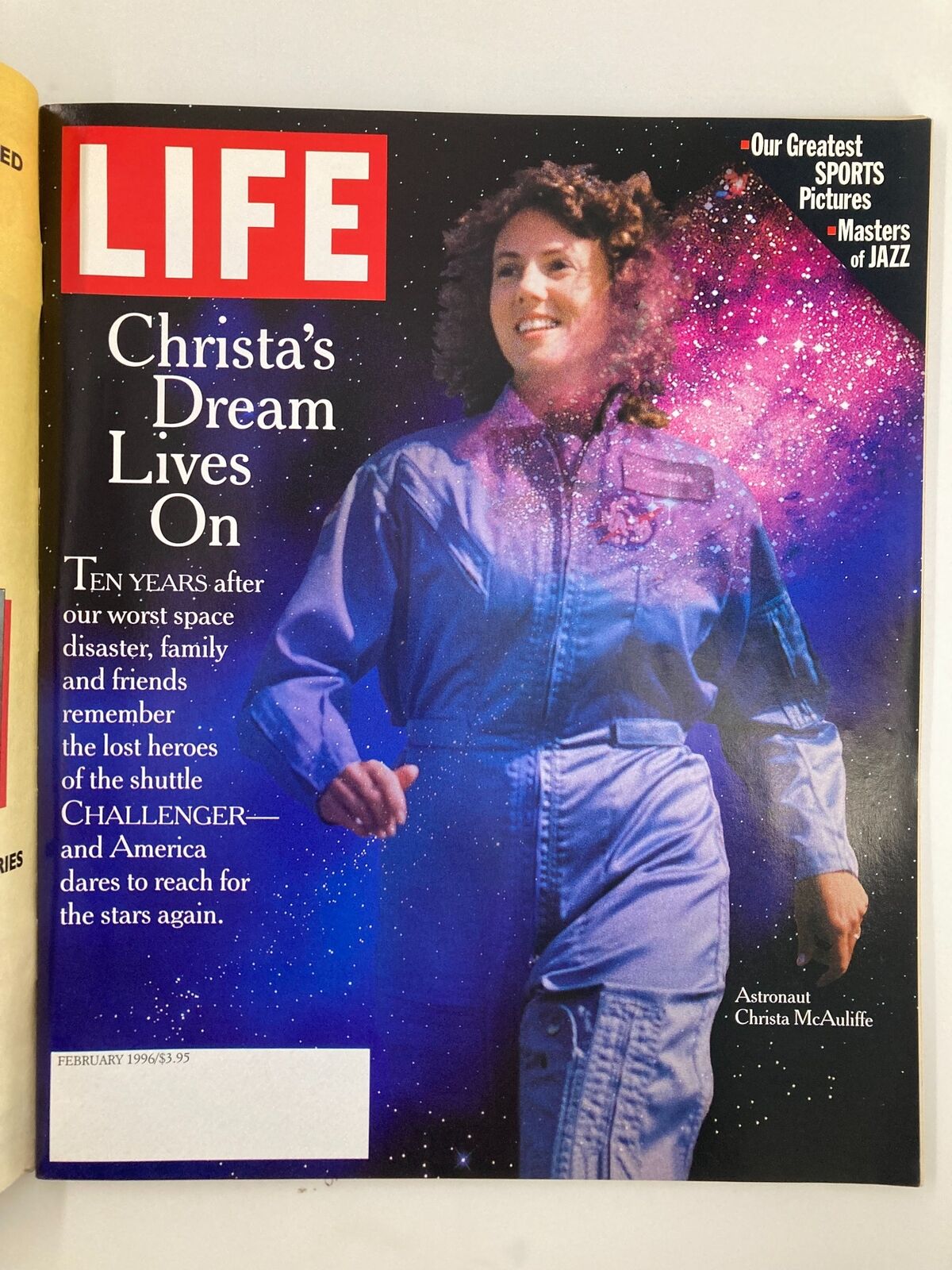Life Magazine February 1996 cover featuring Christa McAuliffe, celebrating her dream and legacy as an astronaut ten years after the Challenger disaster.