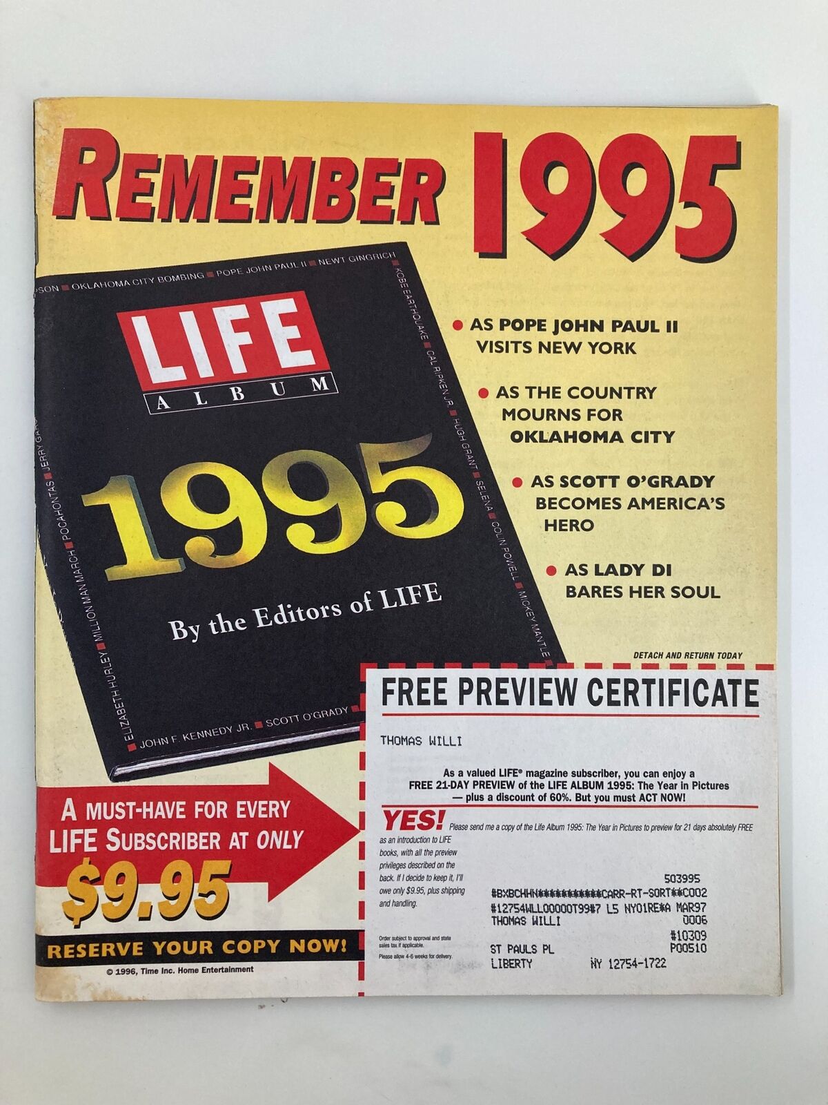 Back cover of Life Magazine featuring a promotional notice for the Life Album 1995, highlighting key events and figures from that year.
