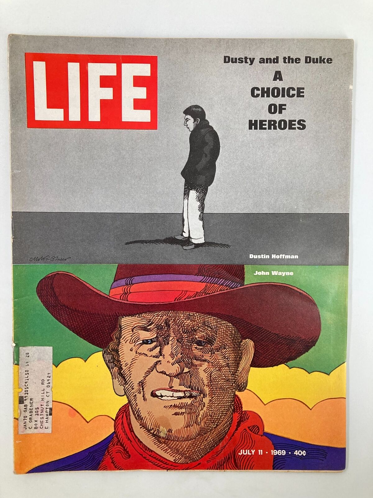 VTG Life Magazine July 11 1969 cover featuring illustrations of Dustin Hoffman and John Wayne in Dusty & The Duke, highlighting the choice of heroes theme with bold colors and striking graphics.