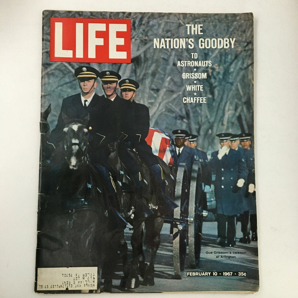 Life Magazine February 10 1967 cover featuring a tribute to astronauts Gus Grissom, Ed White, and Roger B. Chaffee, depicting their procession with a caisson, surrounded by officers in uniform.
