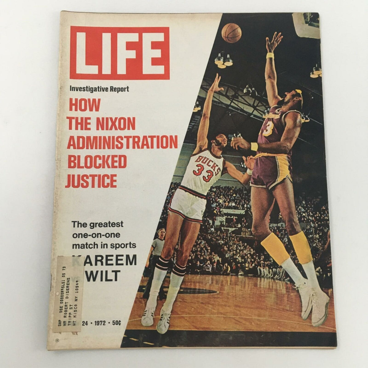 VTG Life Magazine from March 24, 1972 featuring an investigative report on how the Nixon administration blocked justice, with a cover showcasing the iconic basketball match between Kareem Abdul-Jabbar and Wilt Chamberlain.