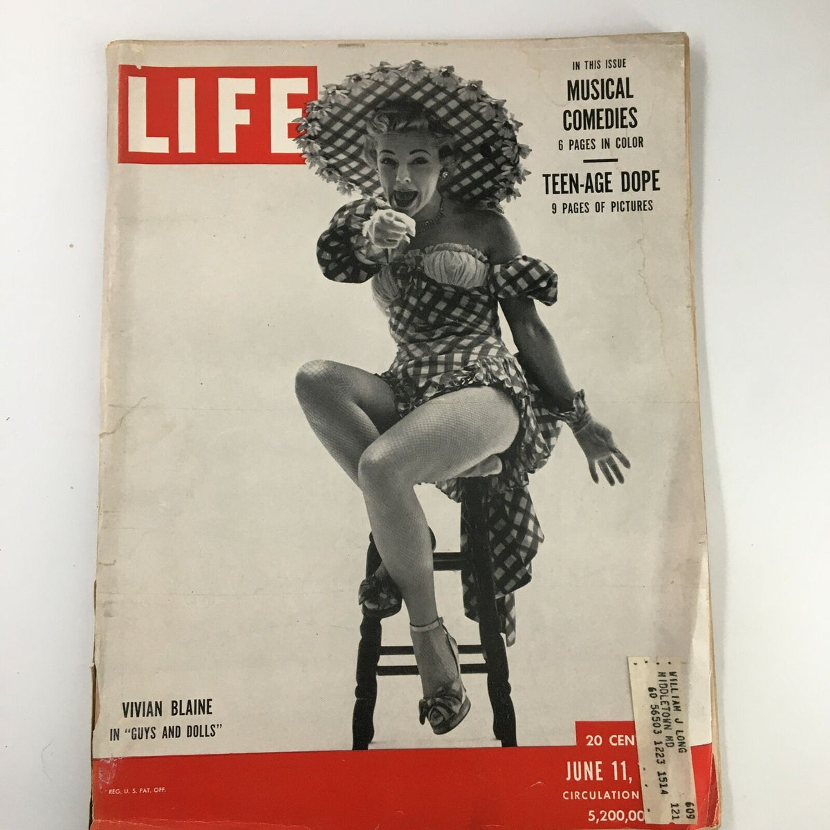 Vintage Life Magazine cover from June 11, 1951, featuring Vivian Blaine in a farm girl costume, highlighting mid-20th century fashion.