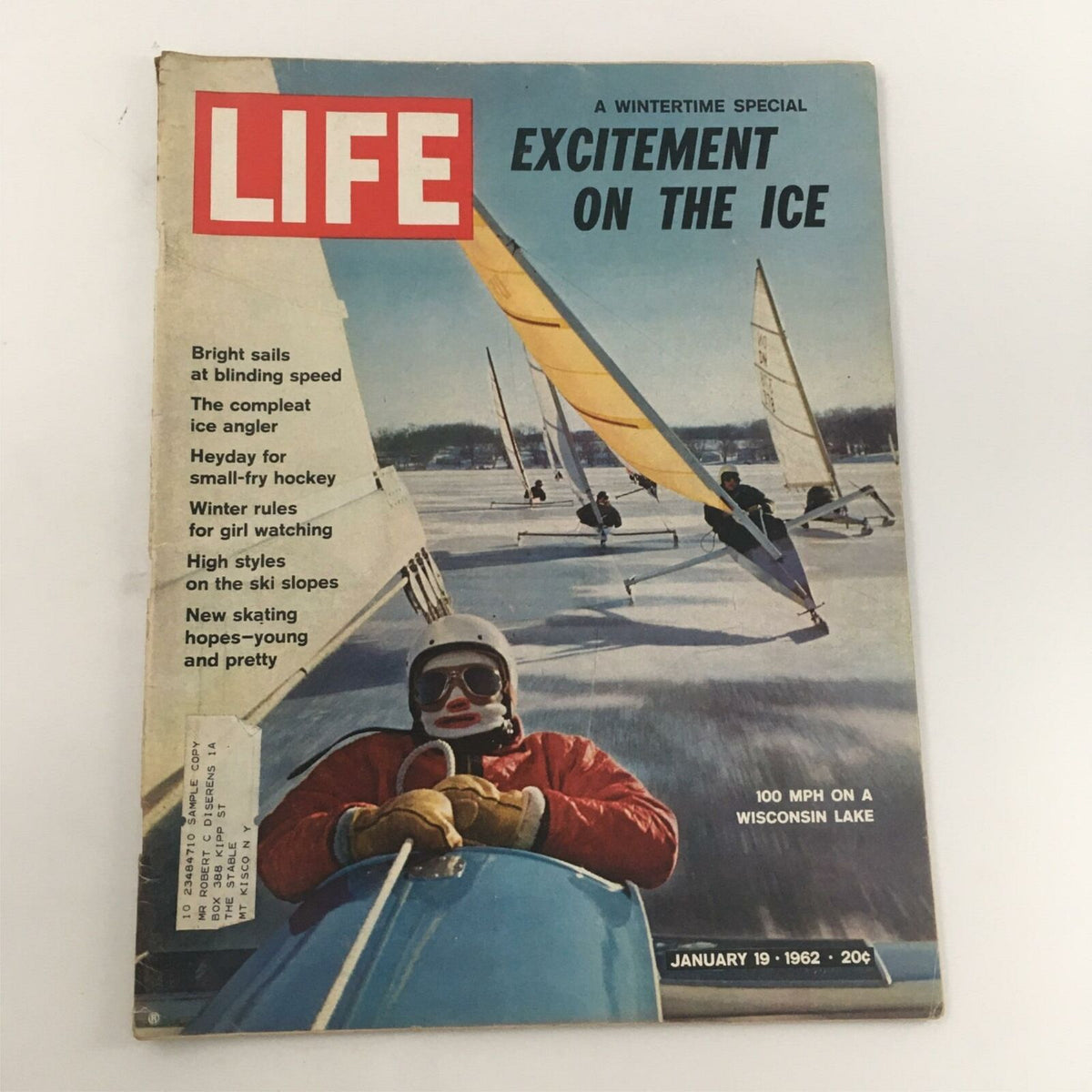 Cover of VTG Life Magazine January 19, 1962, titled 'A Wintertime Special: Excitement on the Ice.' The issue features a photo of a winter sailing scene with colorful sails on a frozen lake.
