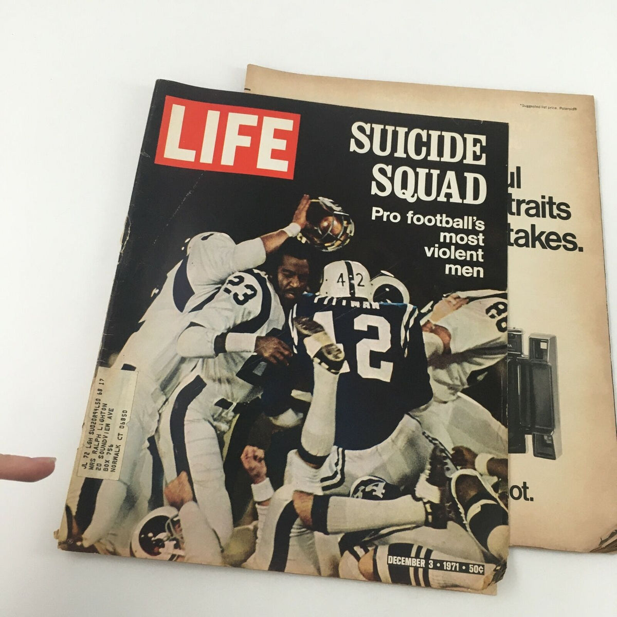 VTG Life Magazine December 3 1971 with the cover displayed and another magazine behind it, showing the historical significance of Pro Football's Most Violent Suicide Squad Men.