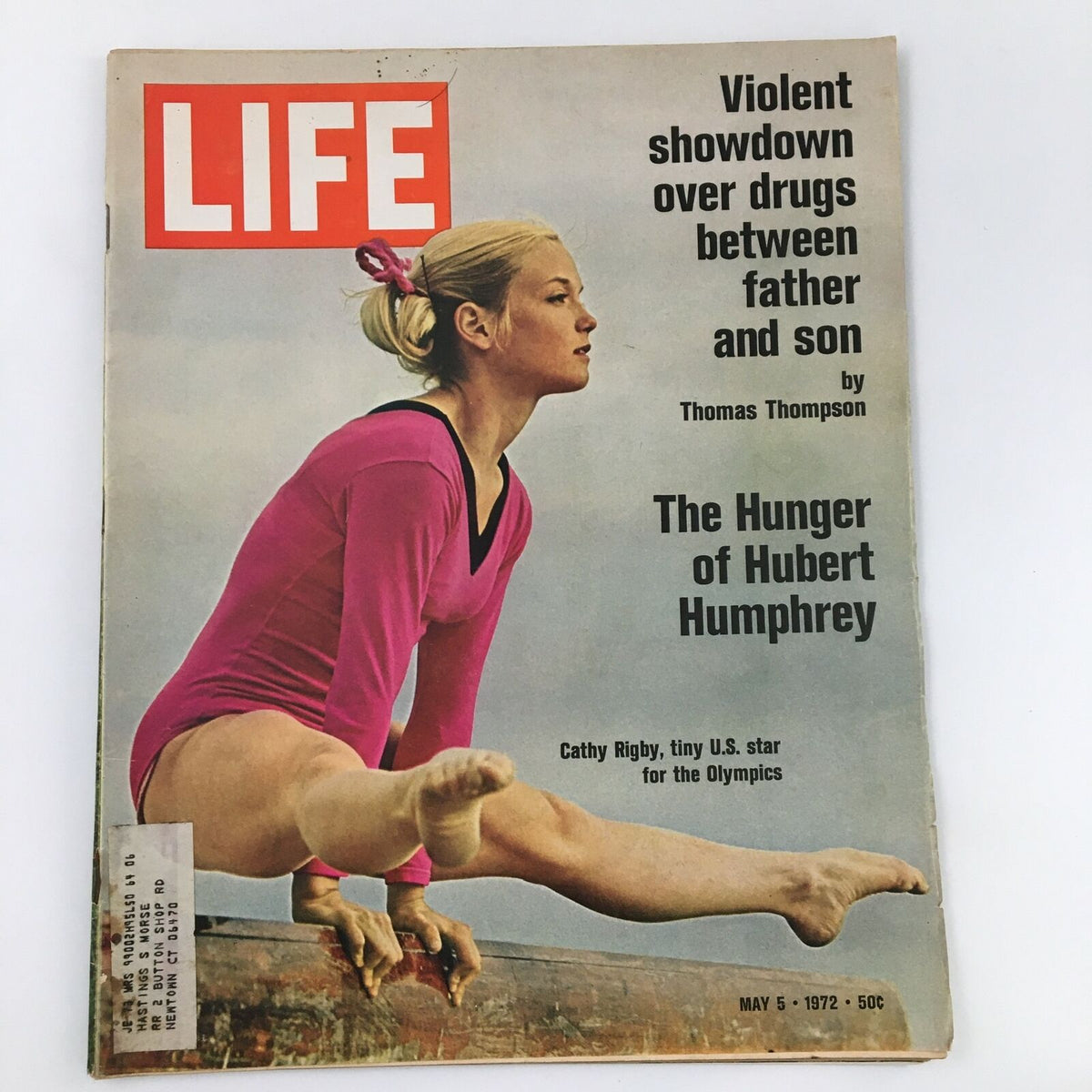 Cover of VTG Life Magazine May 5 1972 featuring U.S. star Cathy Rigby for the Olympics, showcasing her in a pink gymnastics outfit balancing on a beam against a backdrop with bold text about drug issues and Hubert Humphrey.