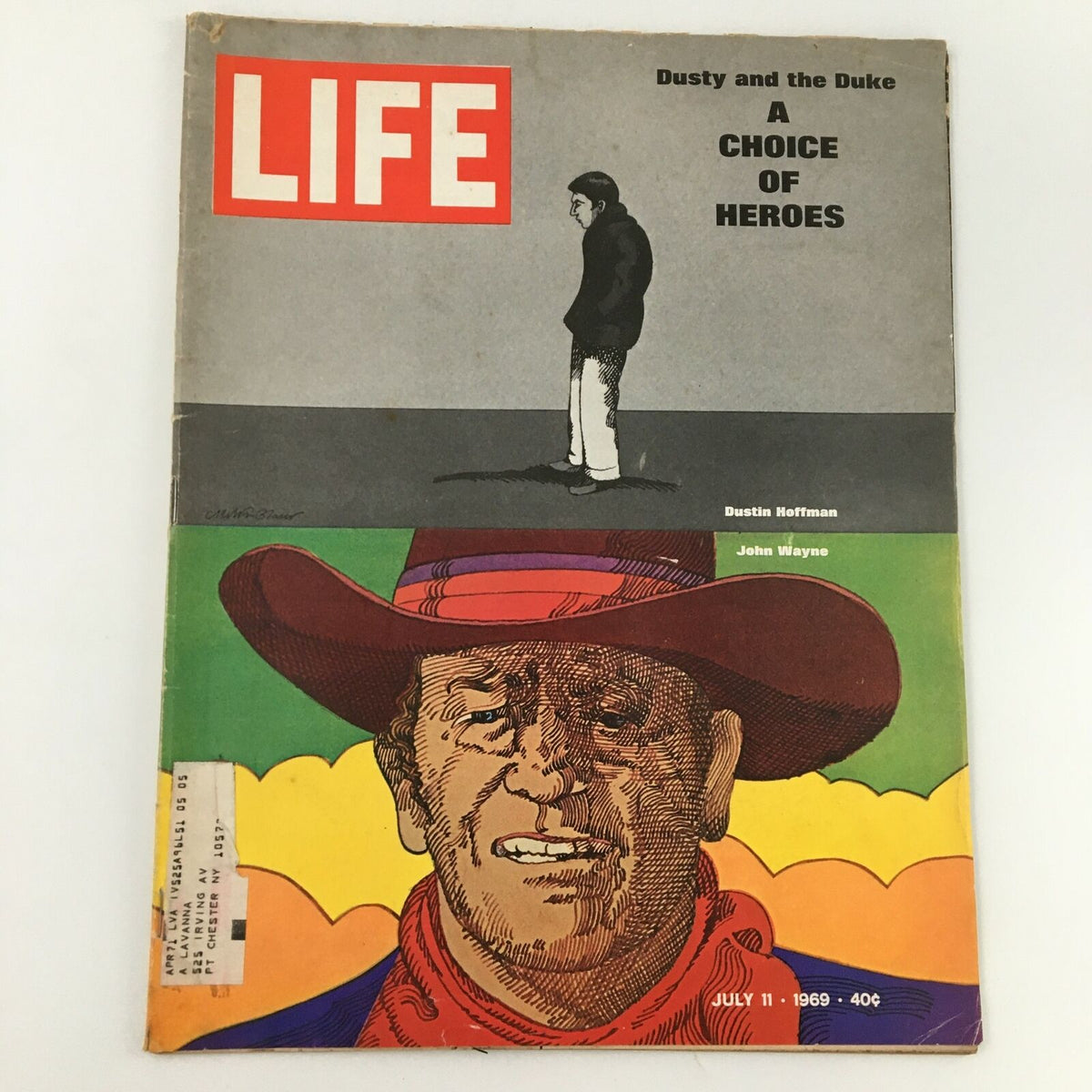 Cover of VTG Life Magazine from July 11, 1969 featuring Dustin Hoffman and John Wayne. The artwork includes a striking illustration of both iconic actors, with Hoffman depicted standing in a black coat and Wayne illustrated wearing a cowboy hat. This magazine highlights cinematic history and nostalgia from 1960s Hollywood.
