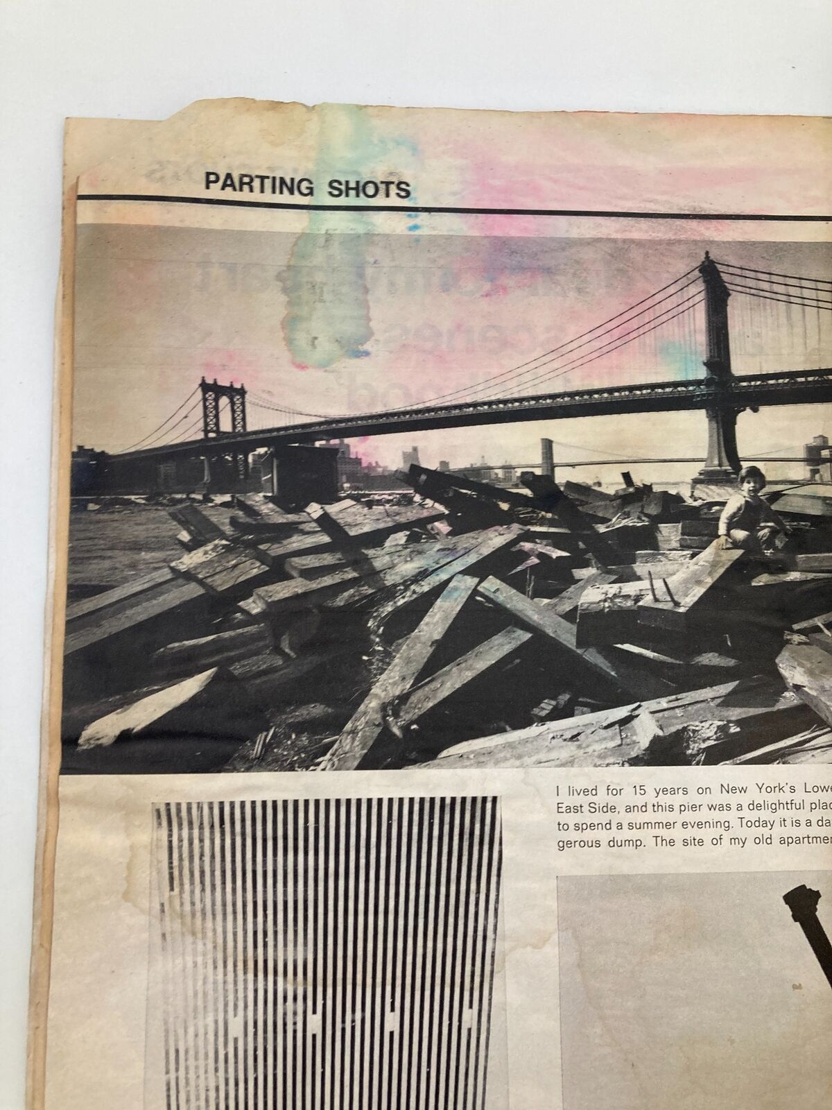 Page from VTG Life Magazine May 21 1971 with a photo capturing a pier view and the Manhattan Bridge, a nostalgic look at the past.