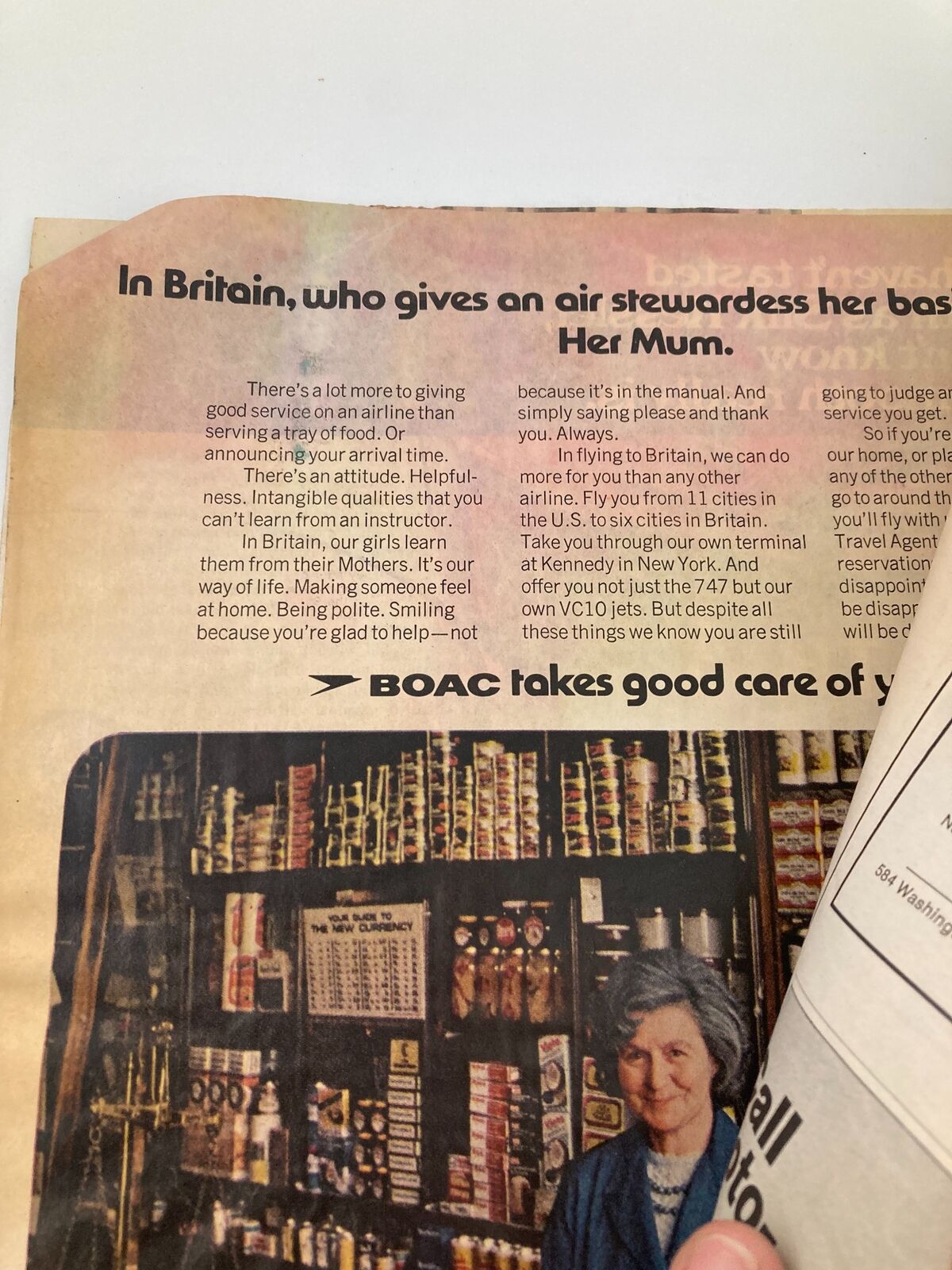 Text and visual content from the VTG Life Magazine May 21 1971 discussing airline service and human connection, accompanied by a woman in a shop.