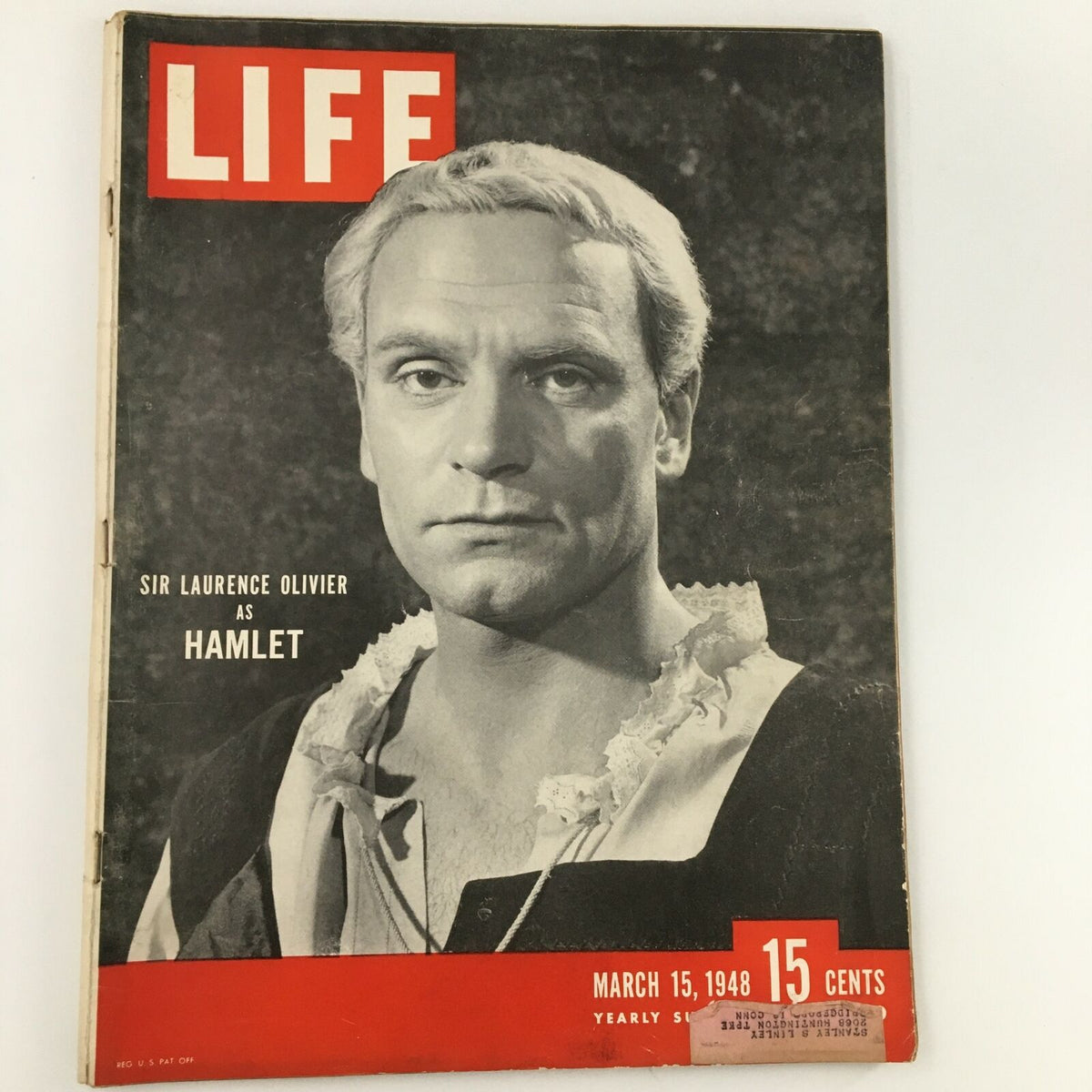 Vintage Life Magazine cover from March 15, 1948 featuring Sir Laurence Olivier as Hamlet, showcasing a portrait of Olivier with a dramatic expression.