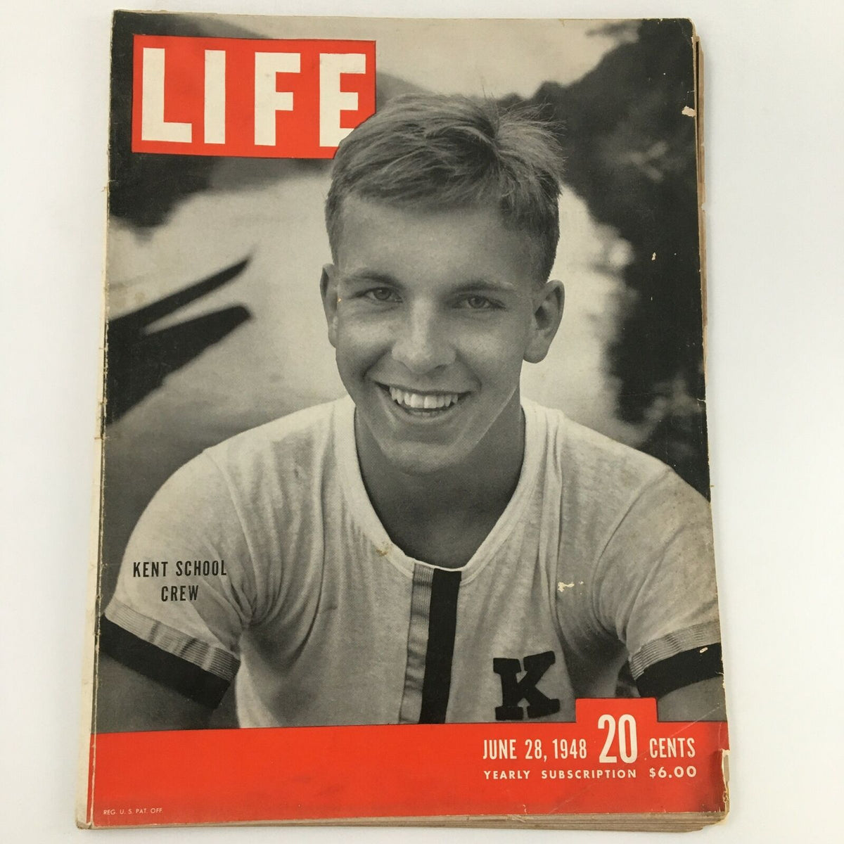 Cover of VTG Life Magazine June 28, 1948 featuring Kent School Crew with a smiling young athlete in a crew shirt, capturing a moment from post-war sports history.